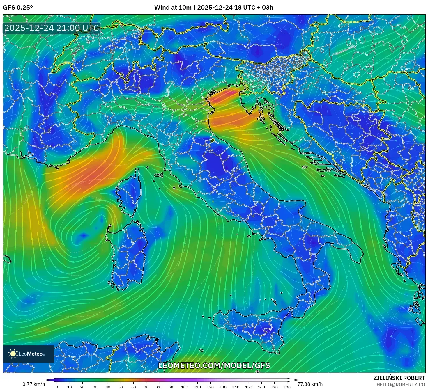 GFS model - Italy, Wind at 10m