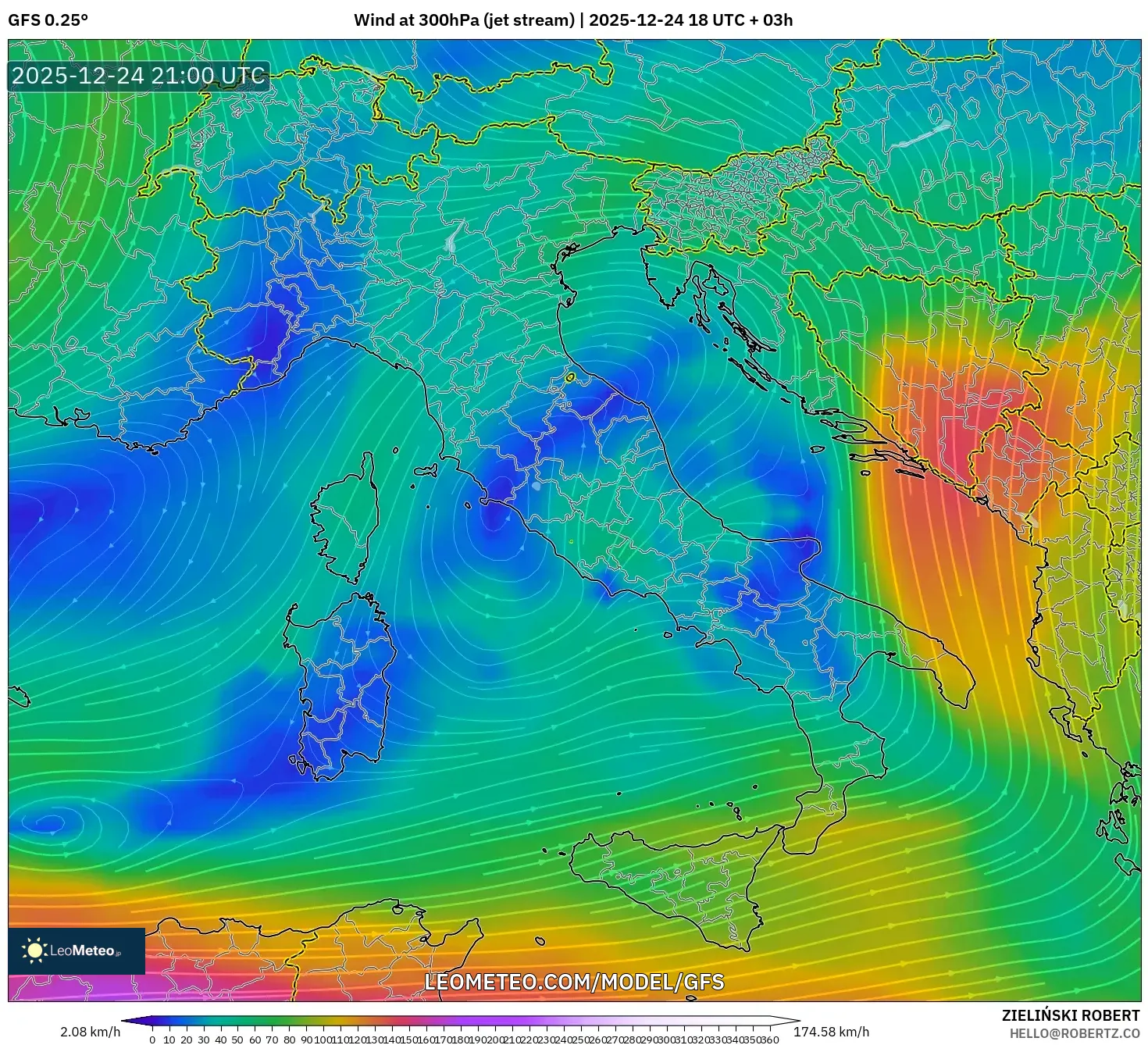 GFS model - Italy, Wind at 300hPa (jet stream)