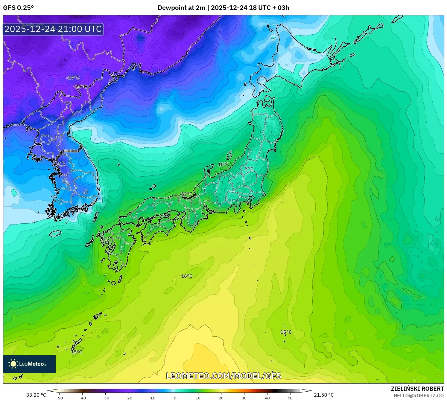 GFS model - Japan, Dewpoint at 2m
