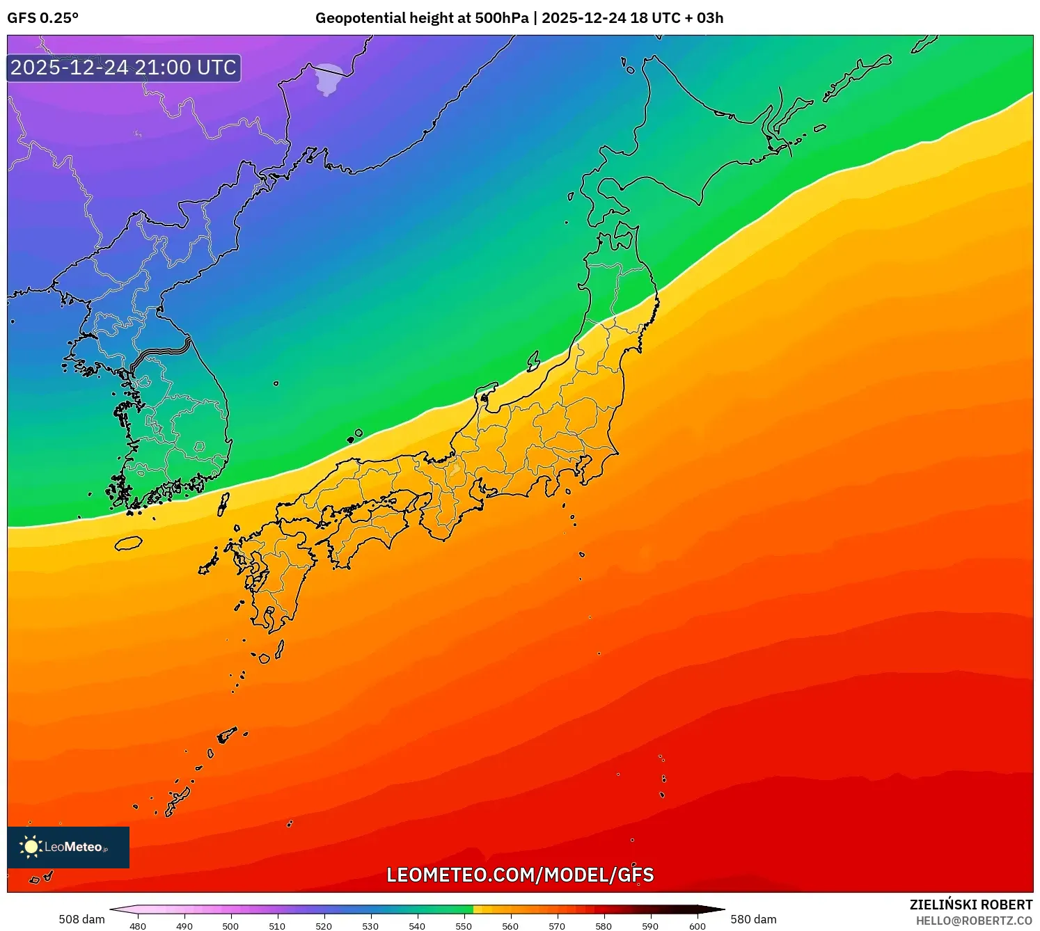 GFS model - Japan, Geopotential height at 500hPa