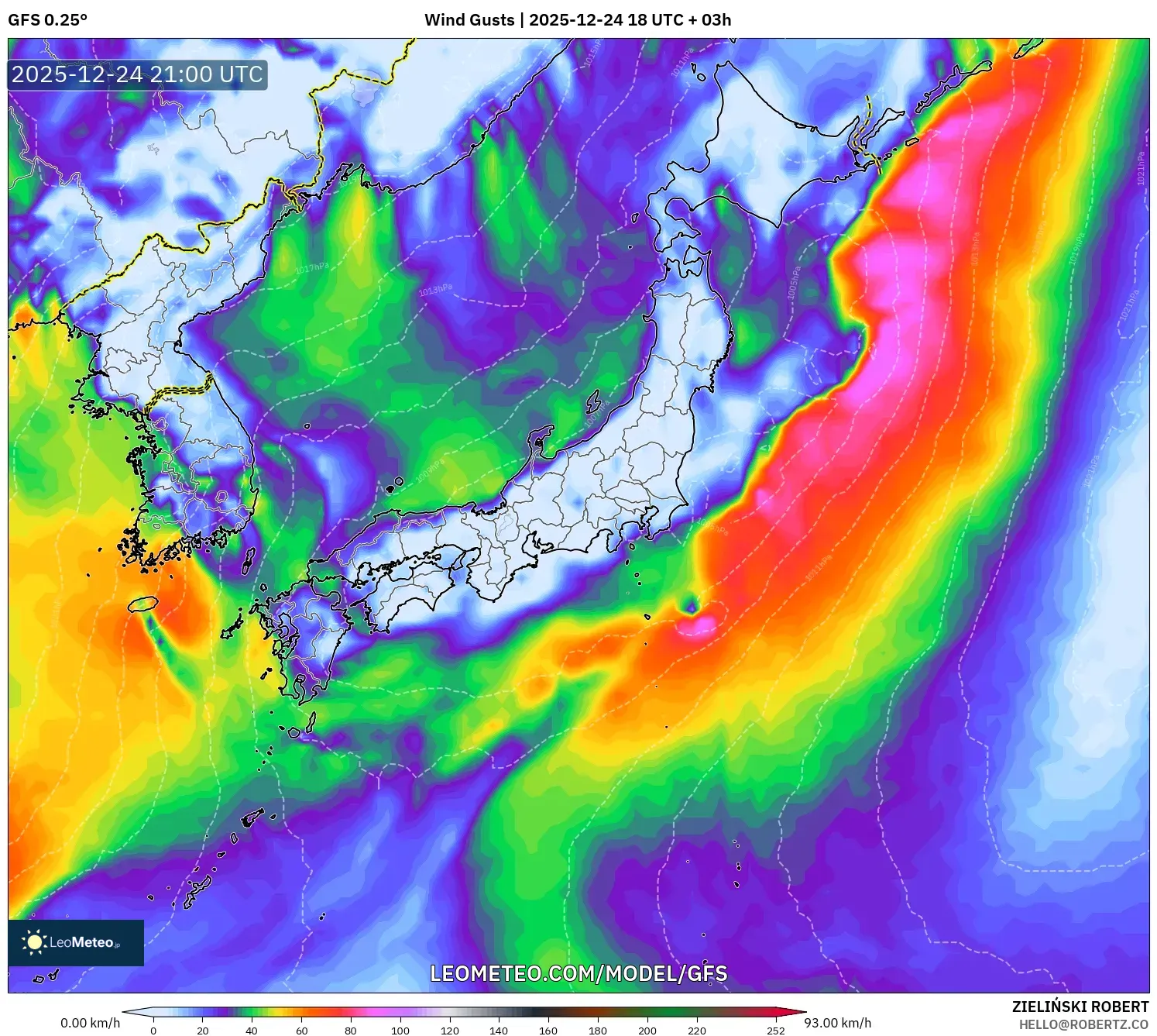 GFS model - Japan, Wind Gusts