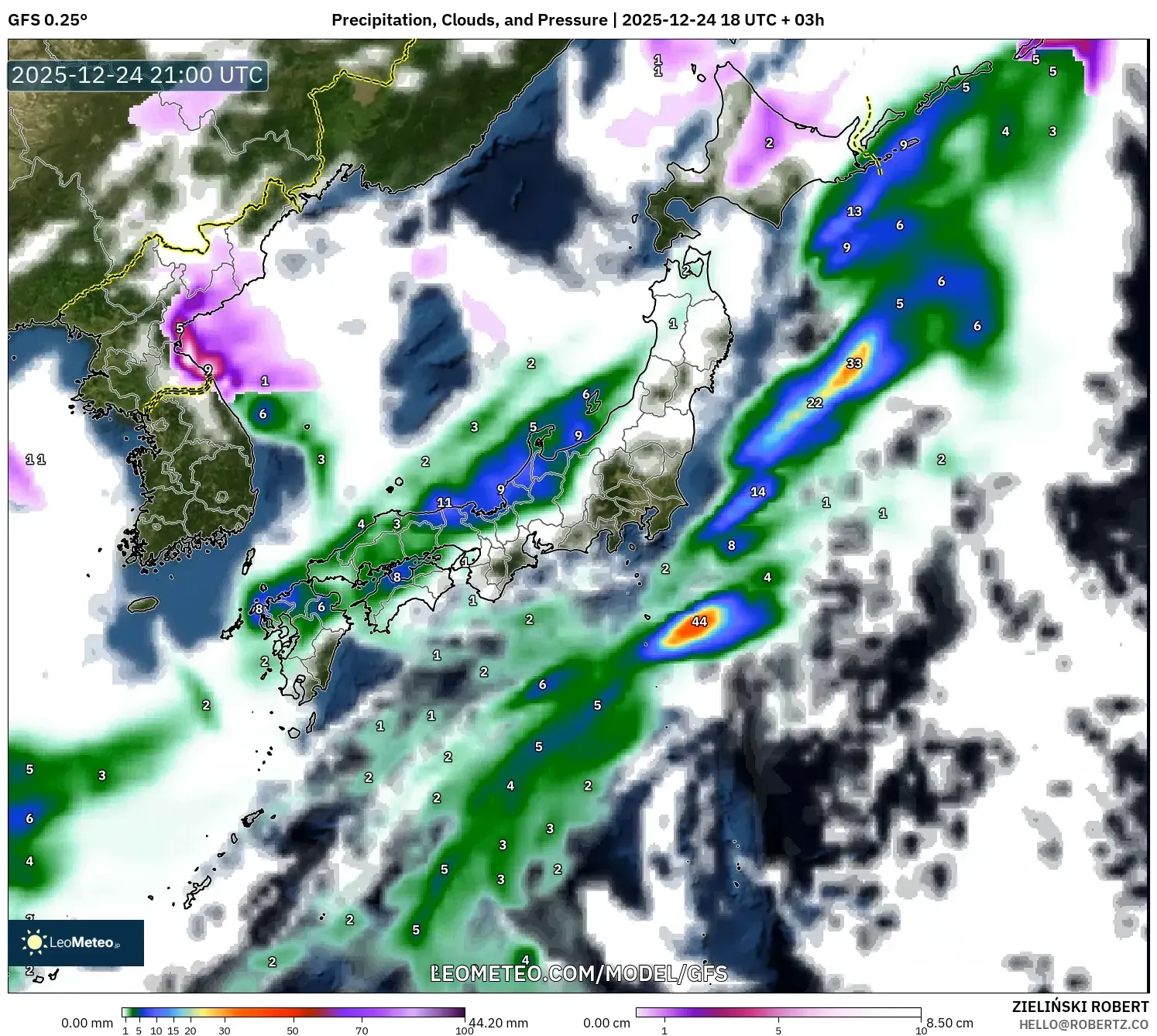 GFS model - Japan, Precipitation, Clouds, and Pressure