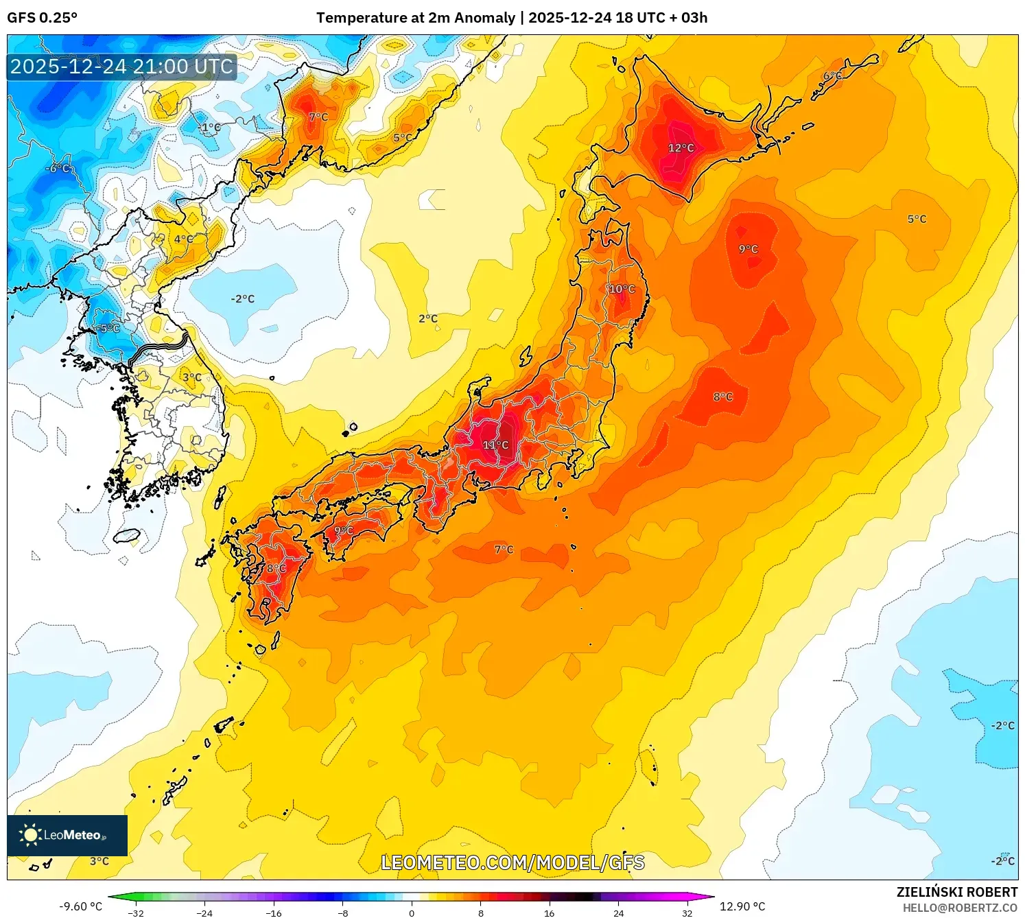 GFS model - Japan, Temperature at 2m Anomaly