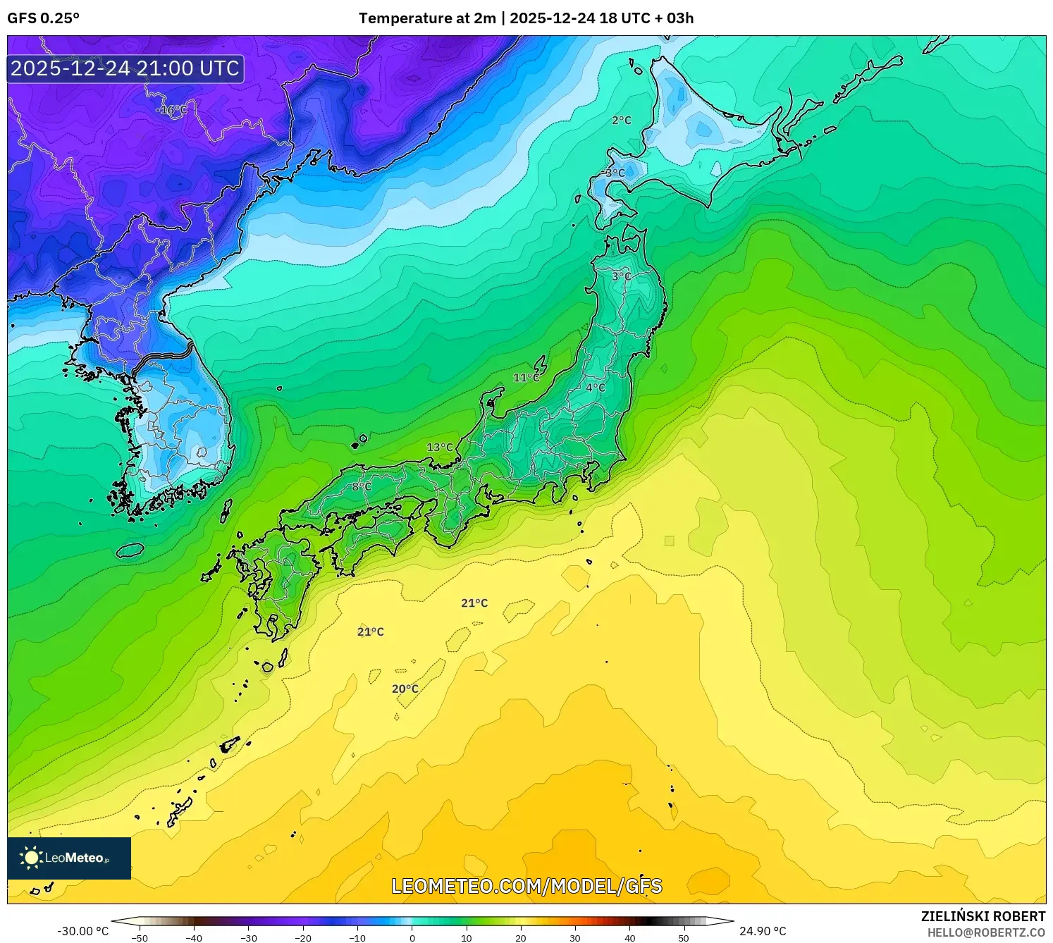 GFS model - Japan, Temperature at 2m