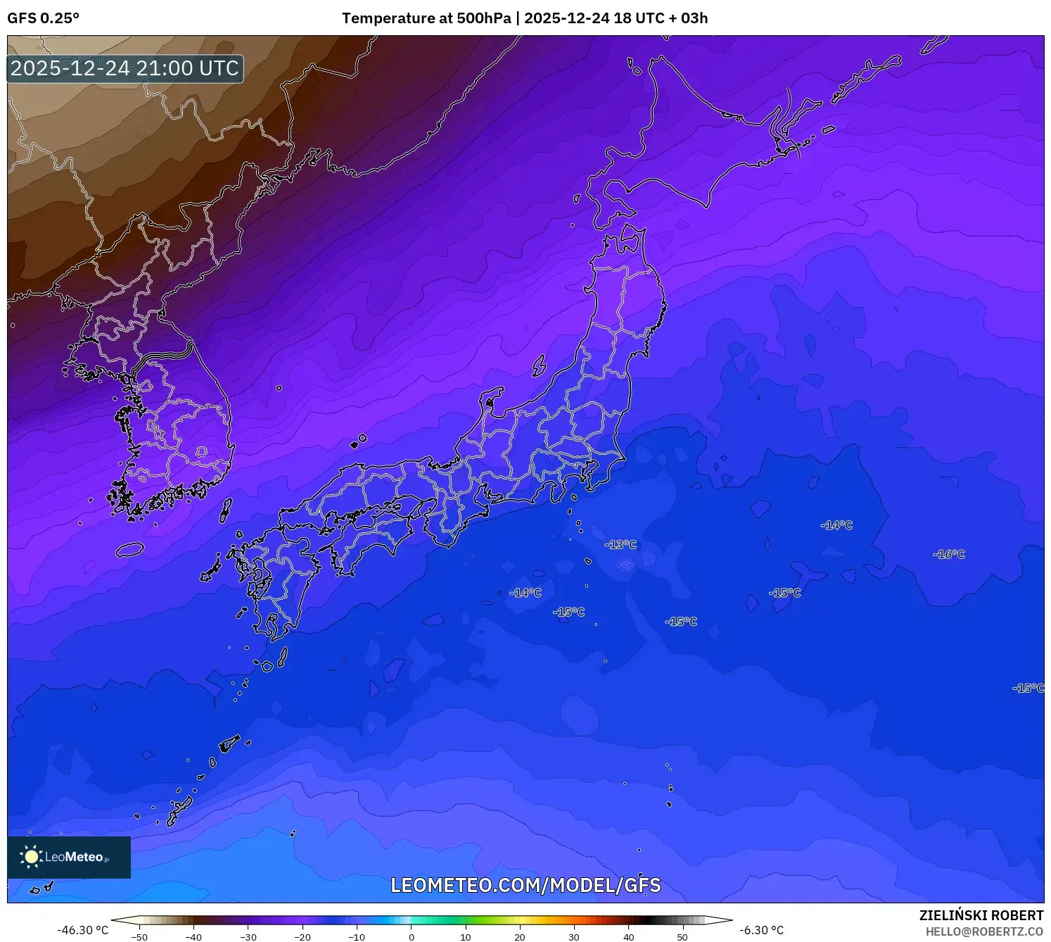 GFS model - Japan, Temperature at 500hPa