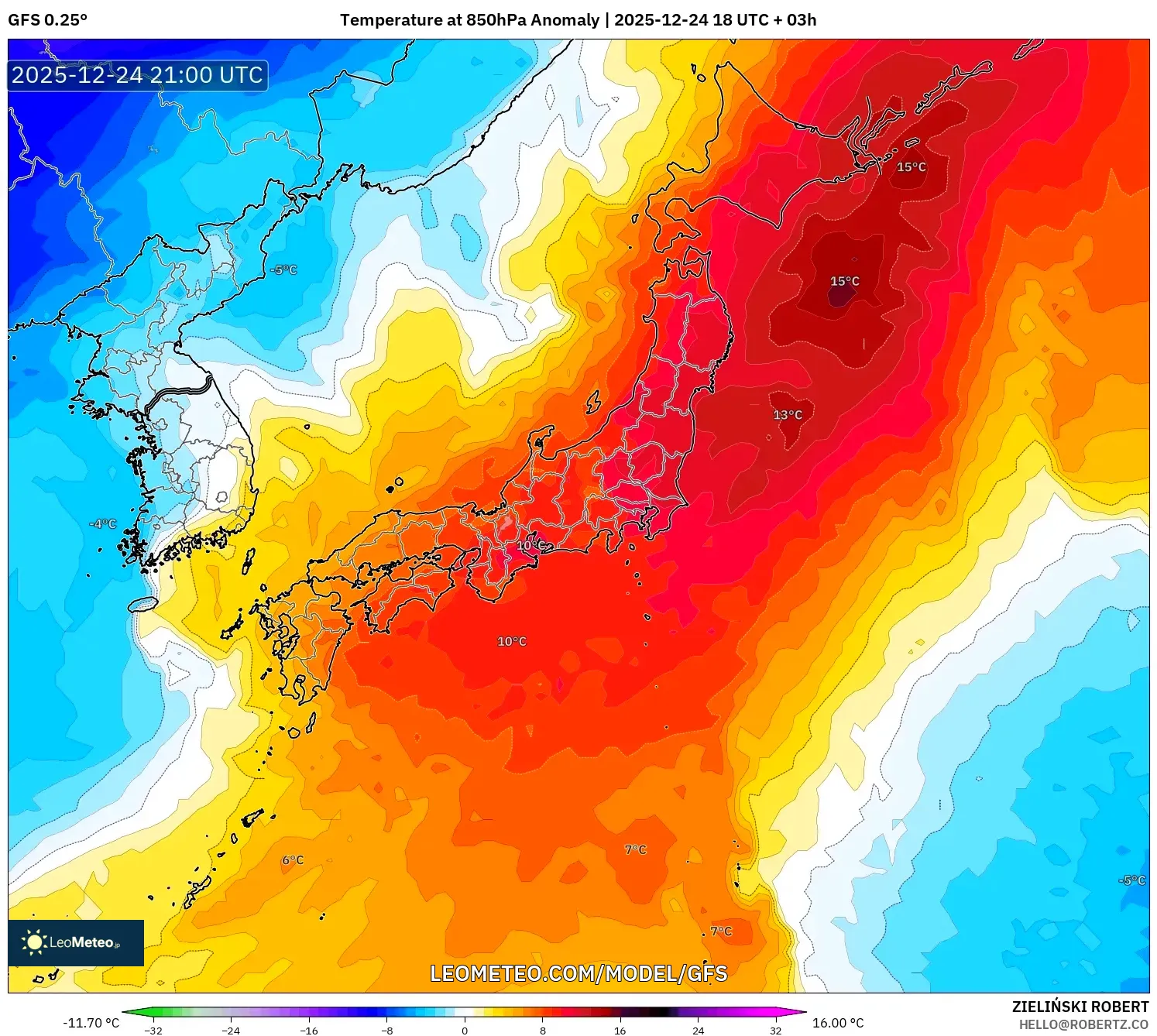 GFS model - Japan, Temperature at 850hPa Anomaly
