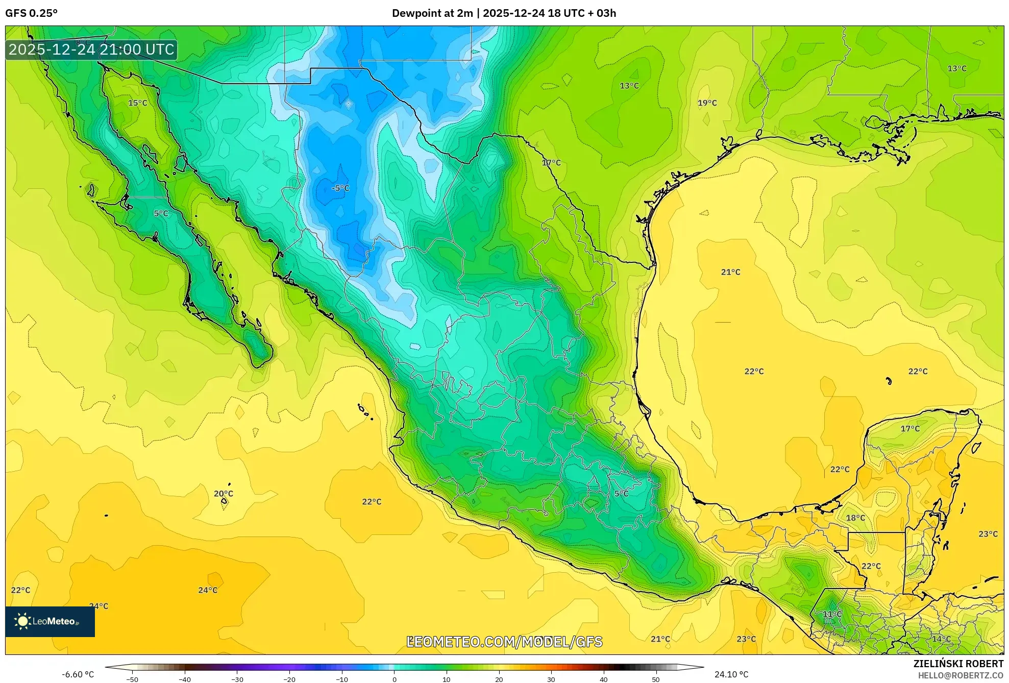 GFS model - Mexico, Dewpoint at 2m