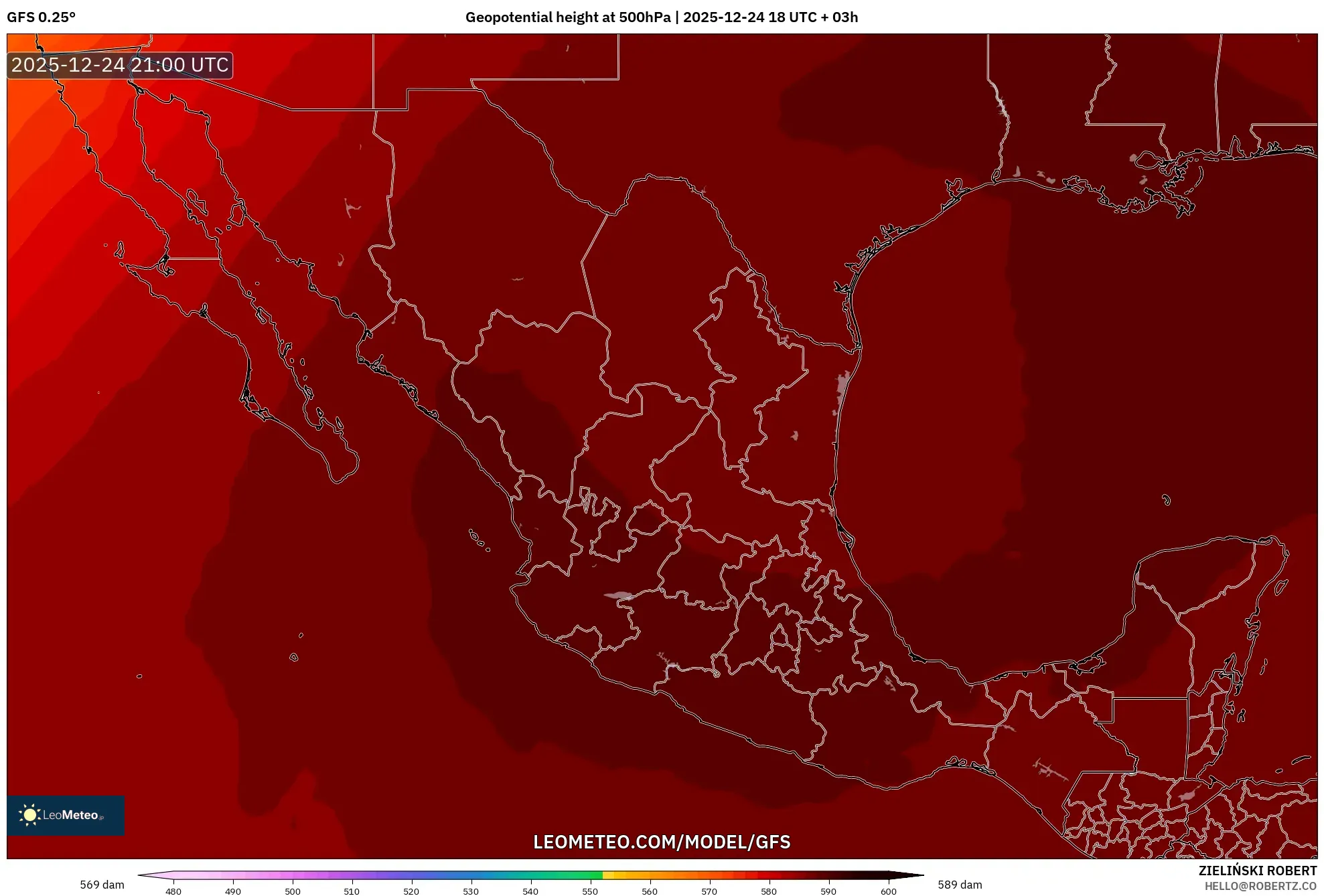 GFS model - Mexico, Geopotential height at 500hPa