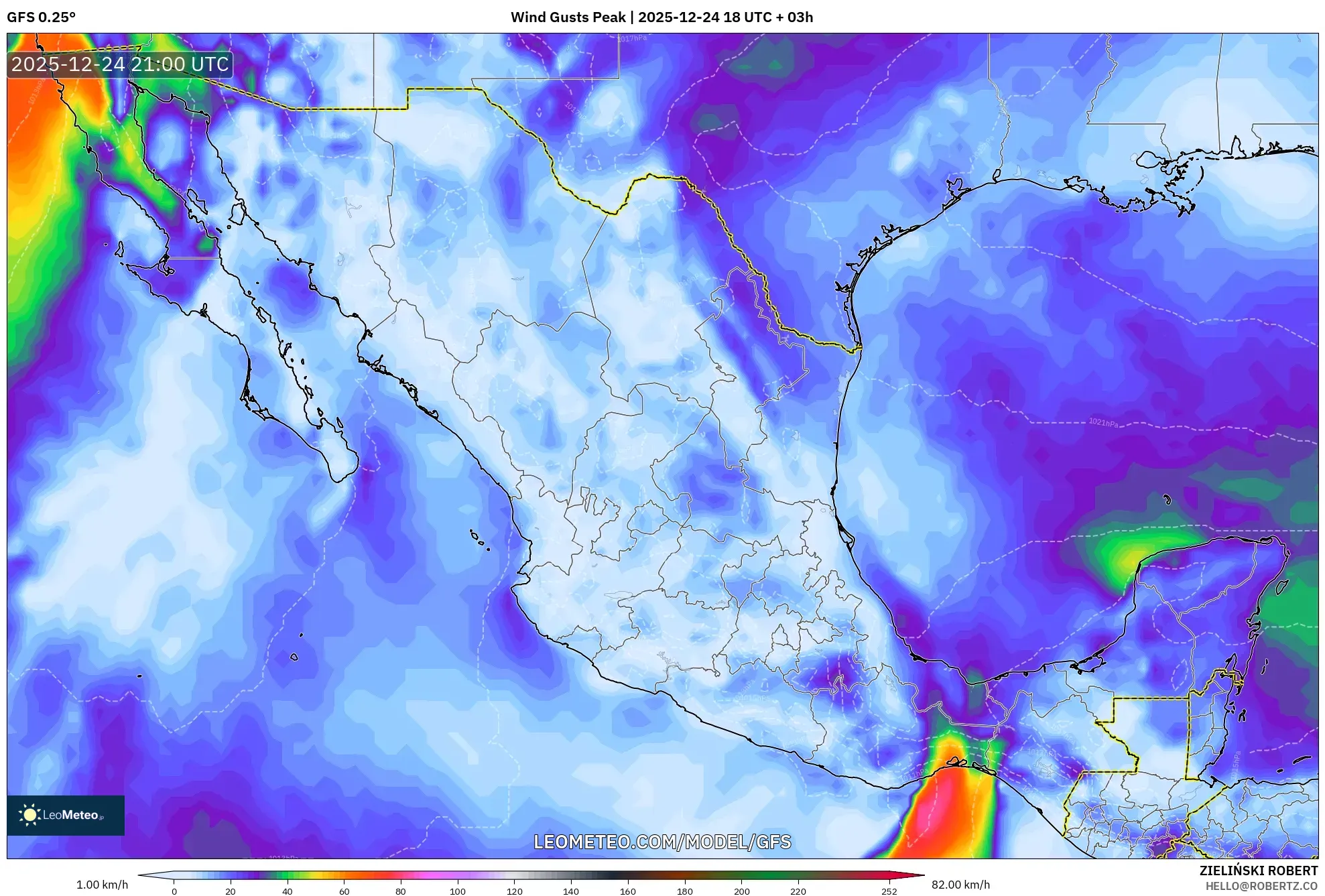 GFS model - Mexico, Wind Gusts Peak