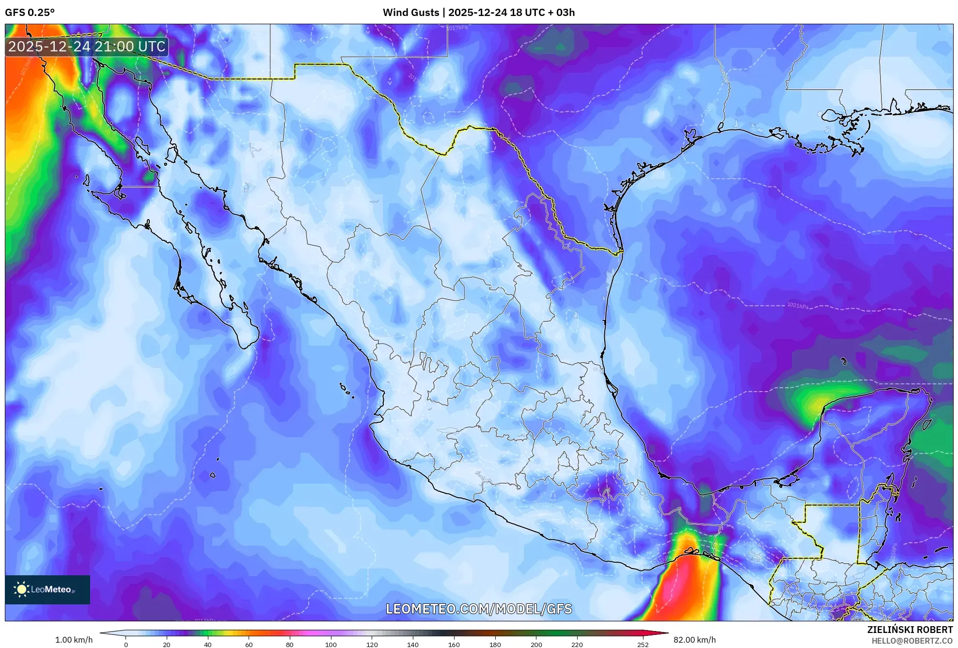 GFS model - Mexico, Wind Gusts