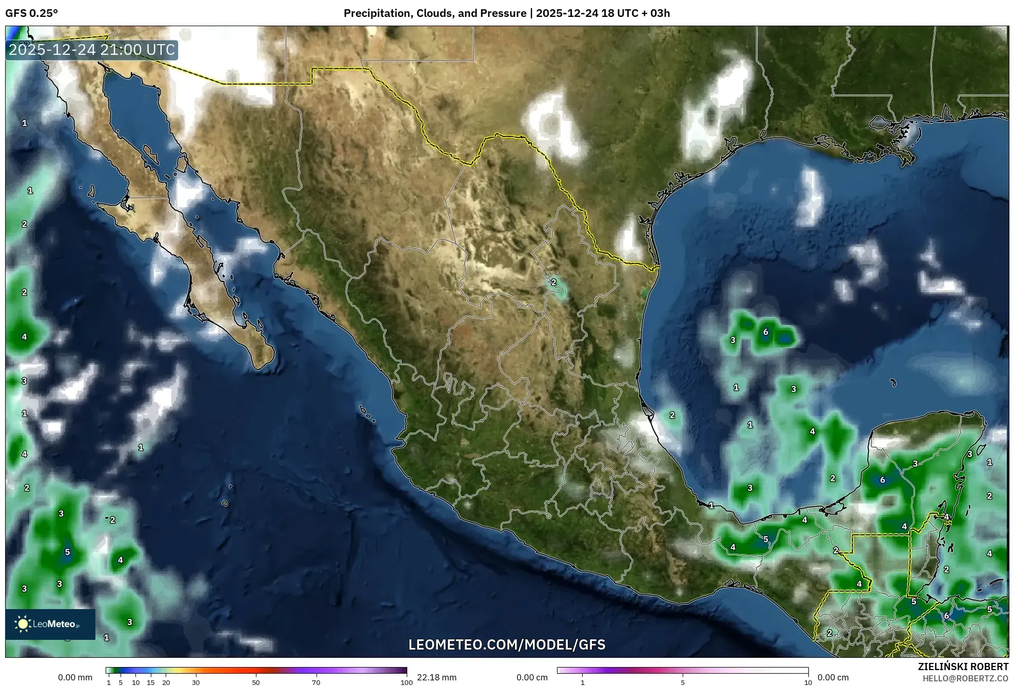 GFS model - Mexico, Precipitation, Clouds, and Pressure