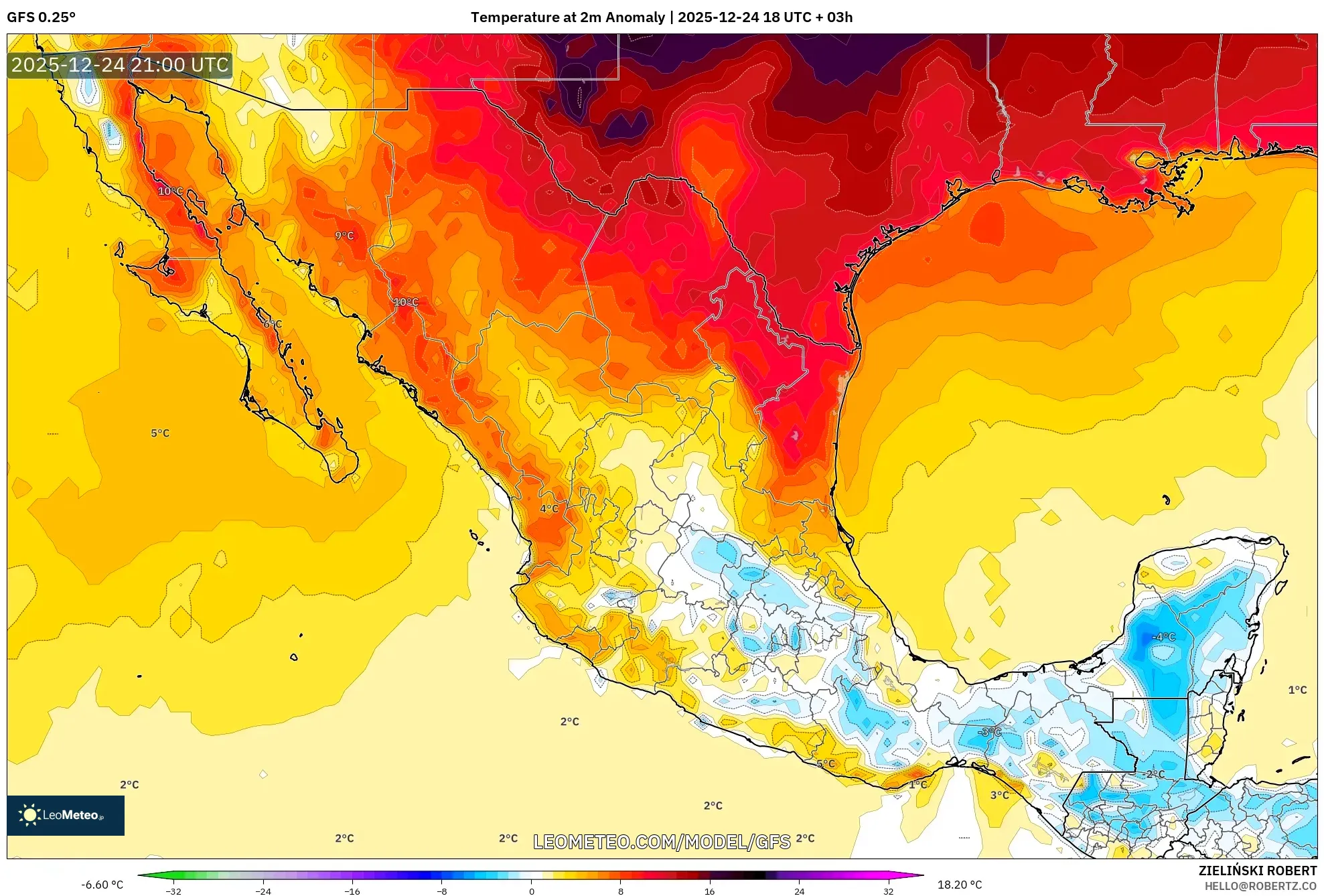 GFS model - Mexico, Temperature at 2m Anomaly