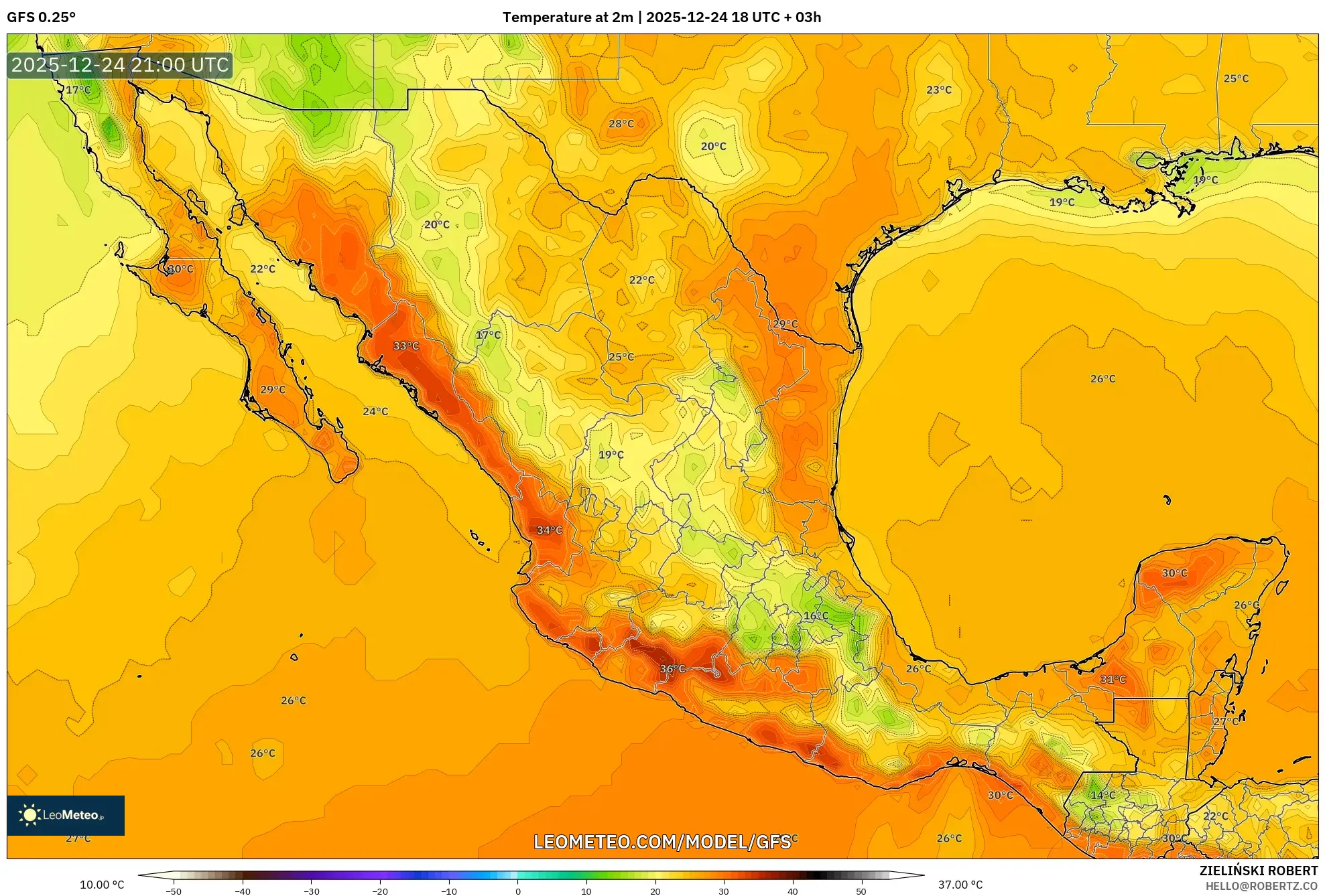 GFS model - Mexico, Temperature at 2m