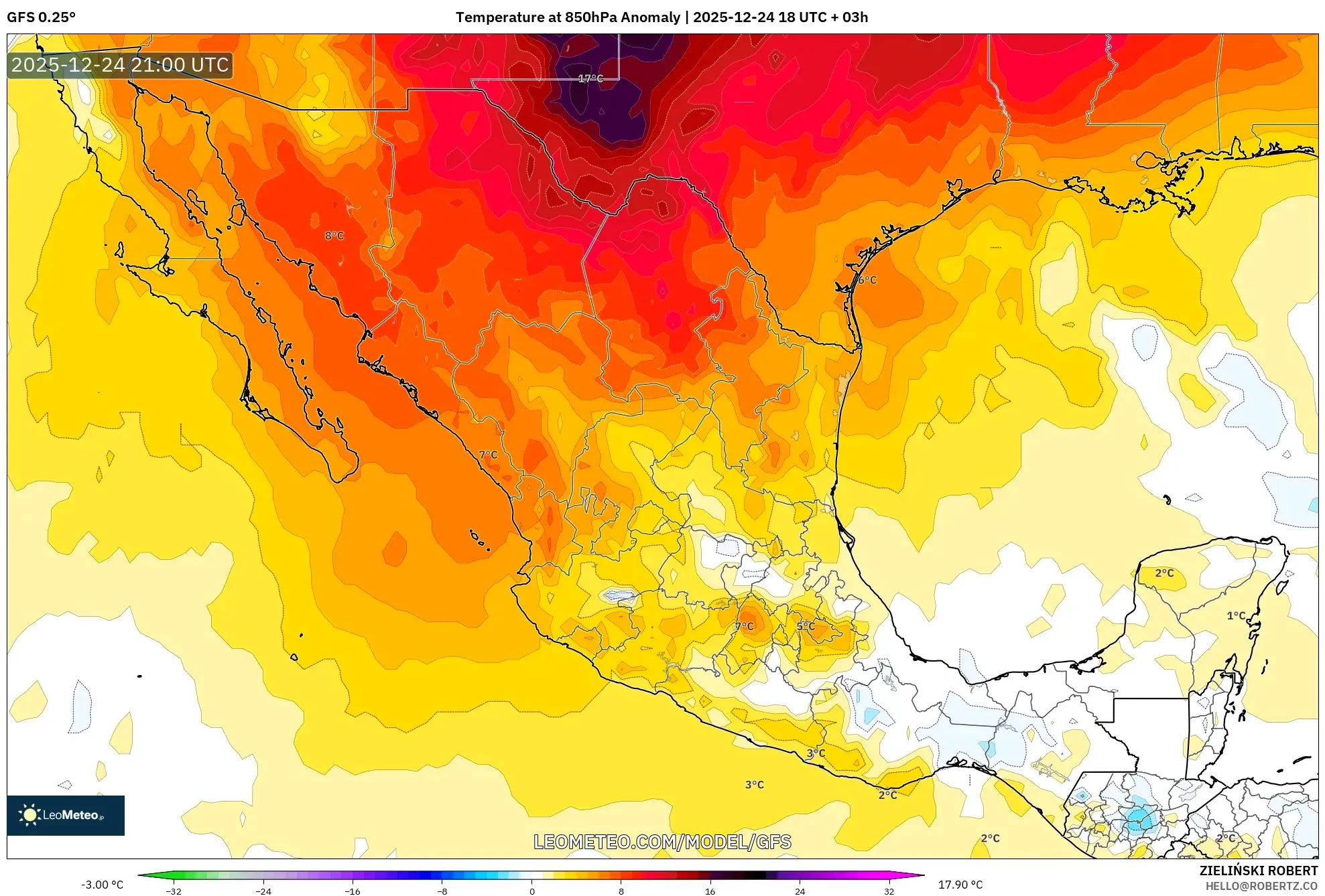 GFS model - Mexico, Temperature at 850hPa Anomaly
