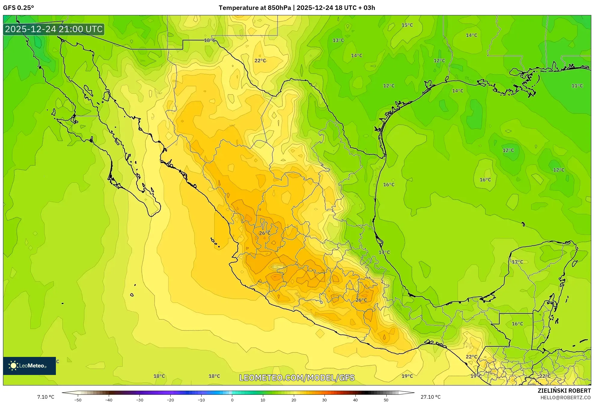 GFS model - Mexico, Temperature at 850hPa