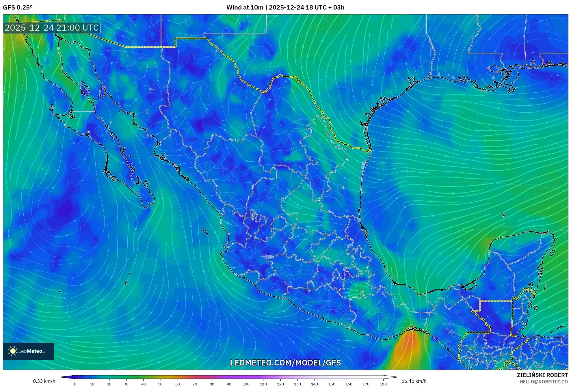 GFS model - Mexico, Wind at 10m