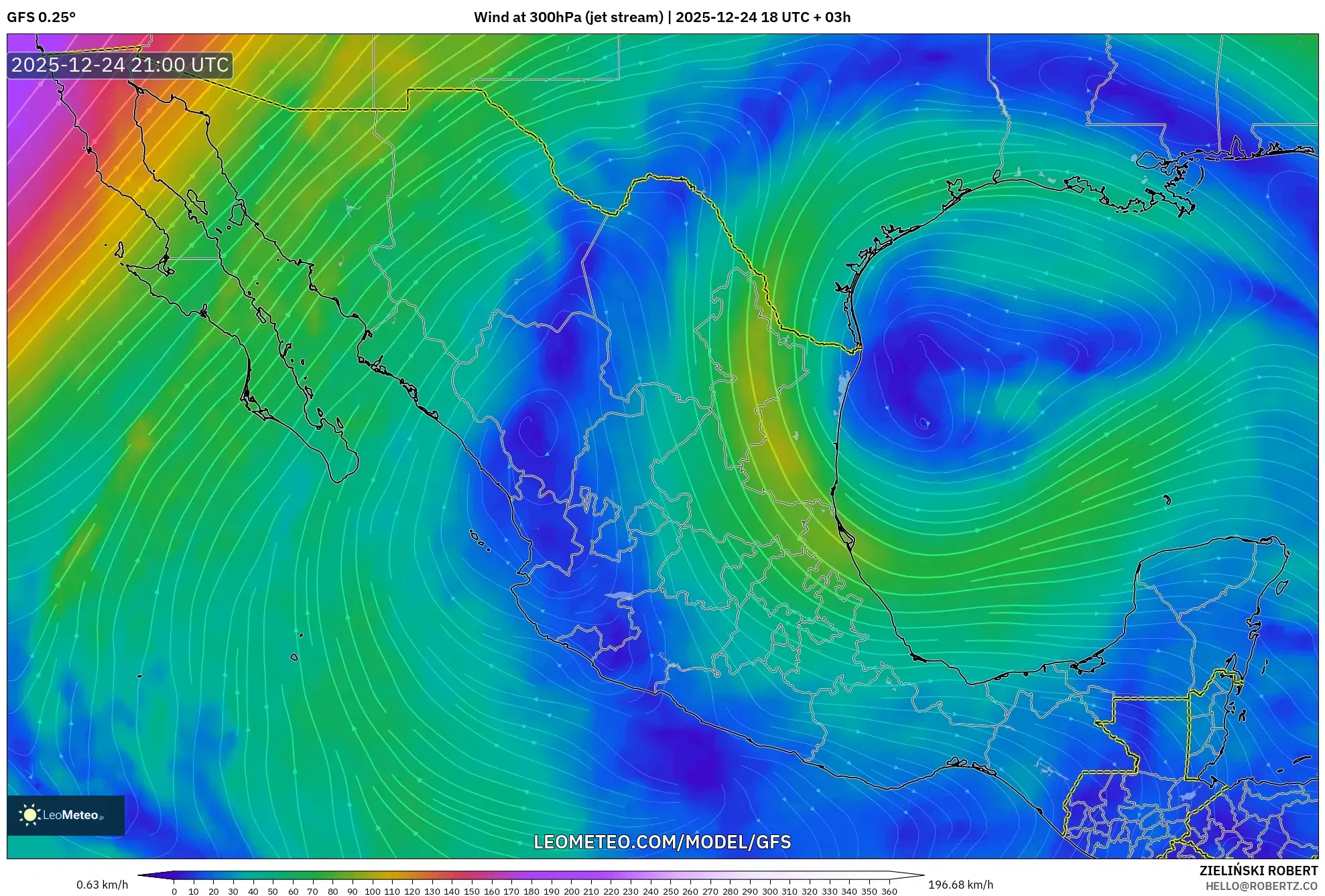 GFS model - Mexico, Wind at 300hPa (jet stream)