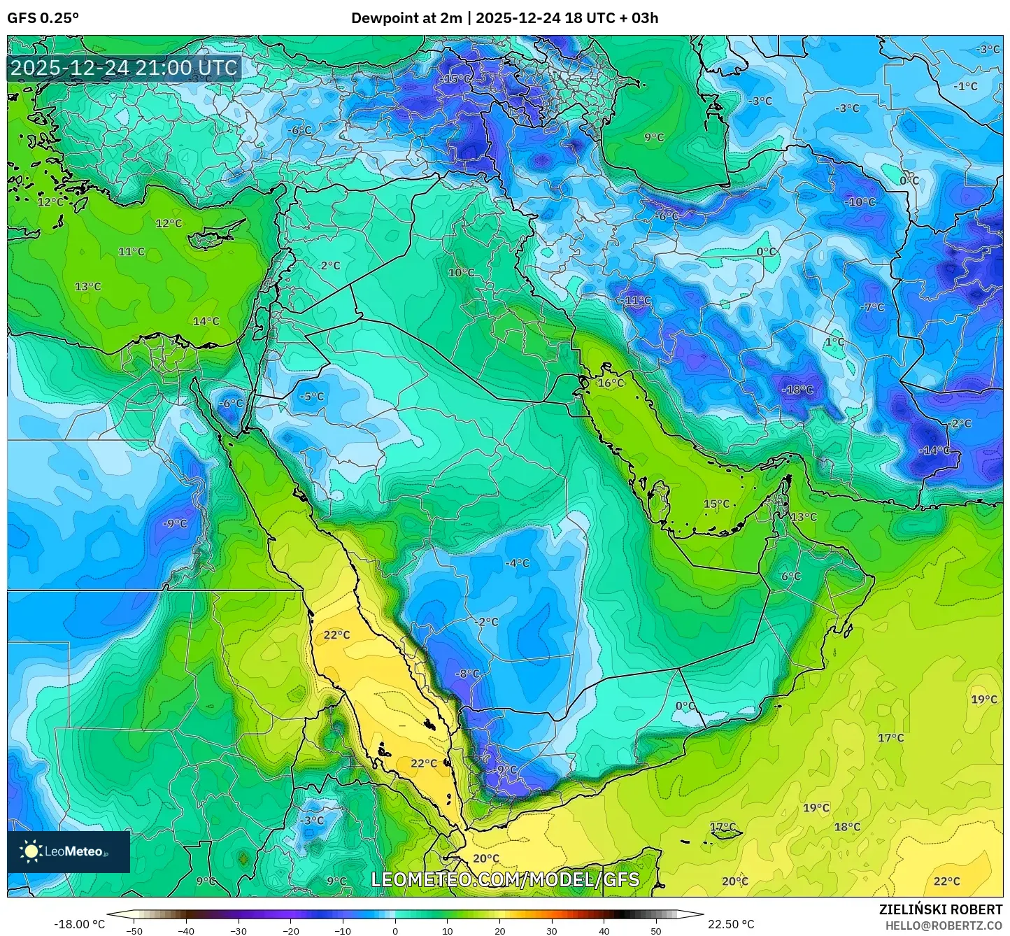 GFS model - Middle East, Dewpoint at 2m