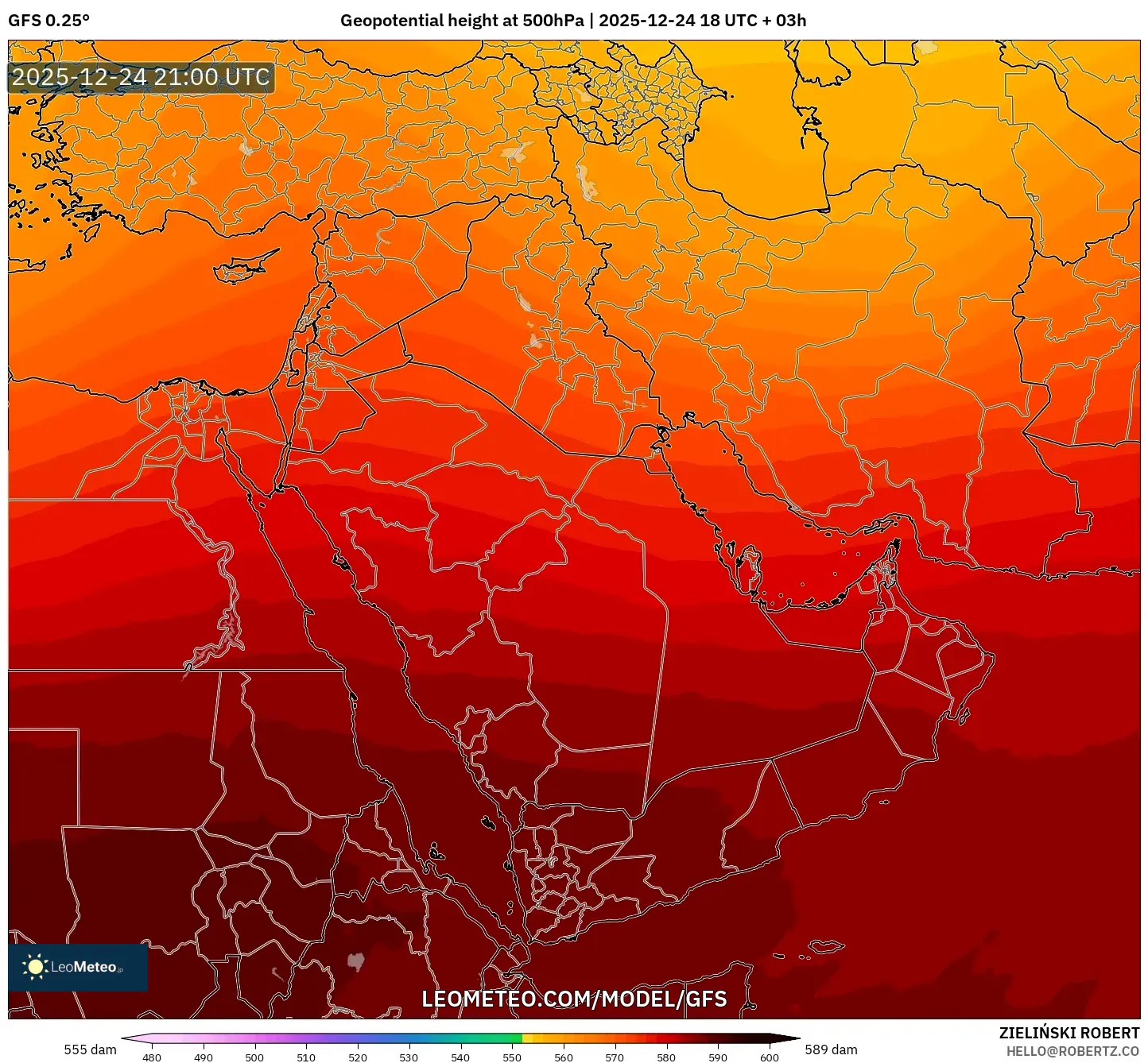 GFS model - Middle East, Geopotential height at 500hPa