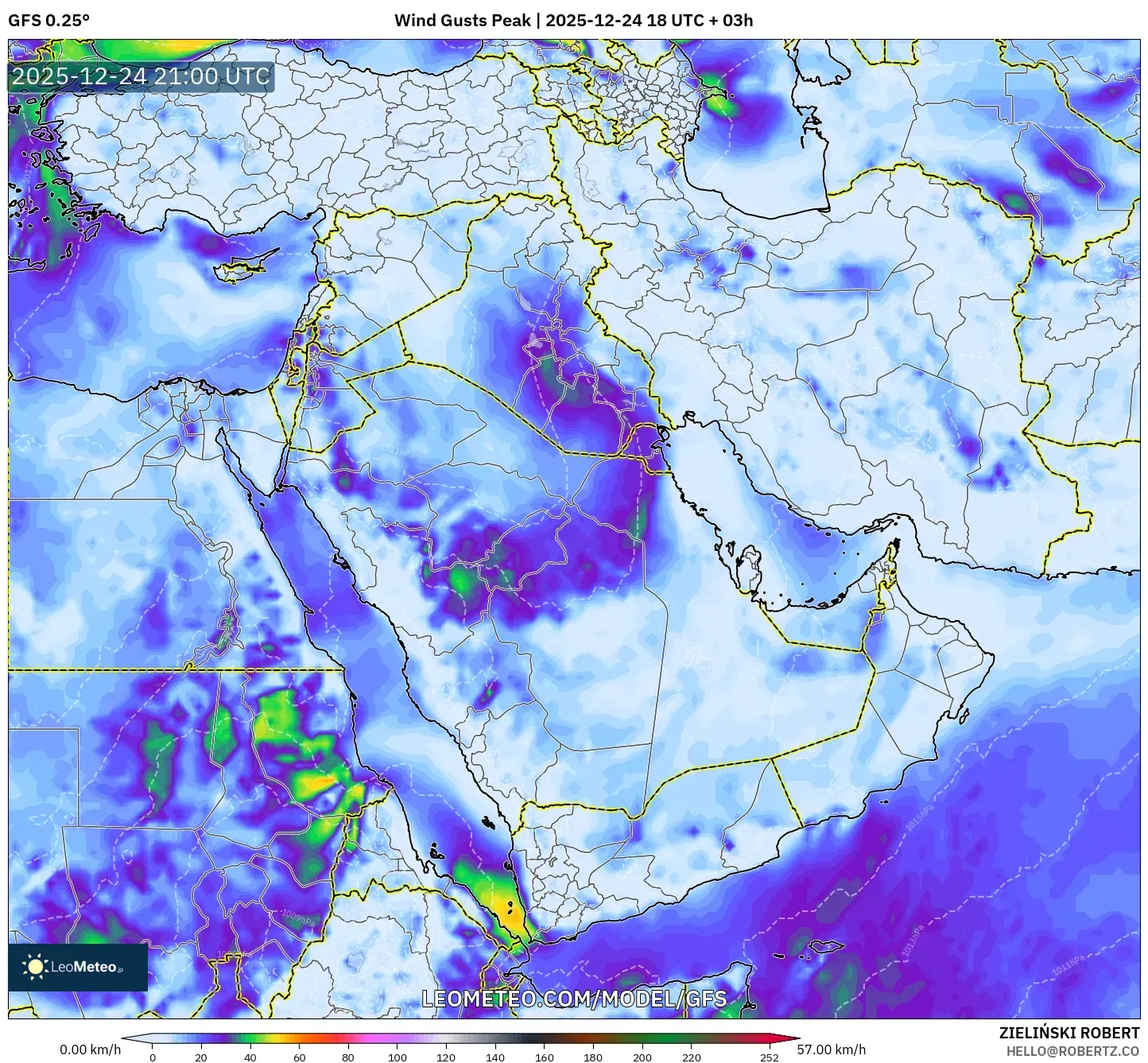 GFS model - Middle East, Wind Gusts Peak