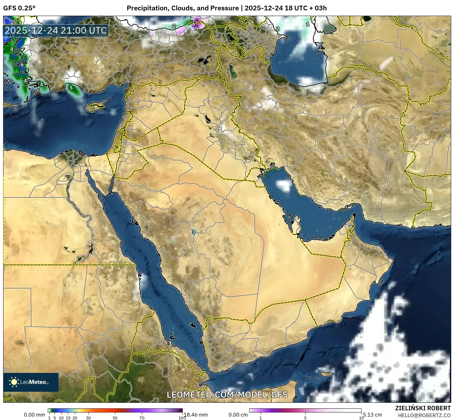 GFS model - Middle East, Precipitation, Clouds, and Pressure
