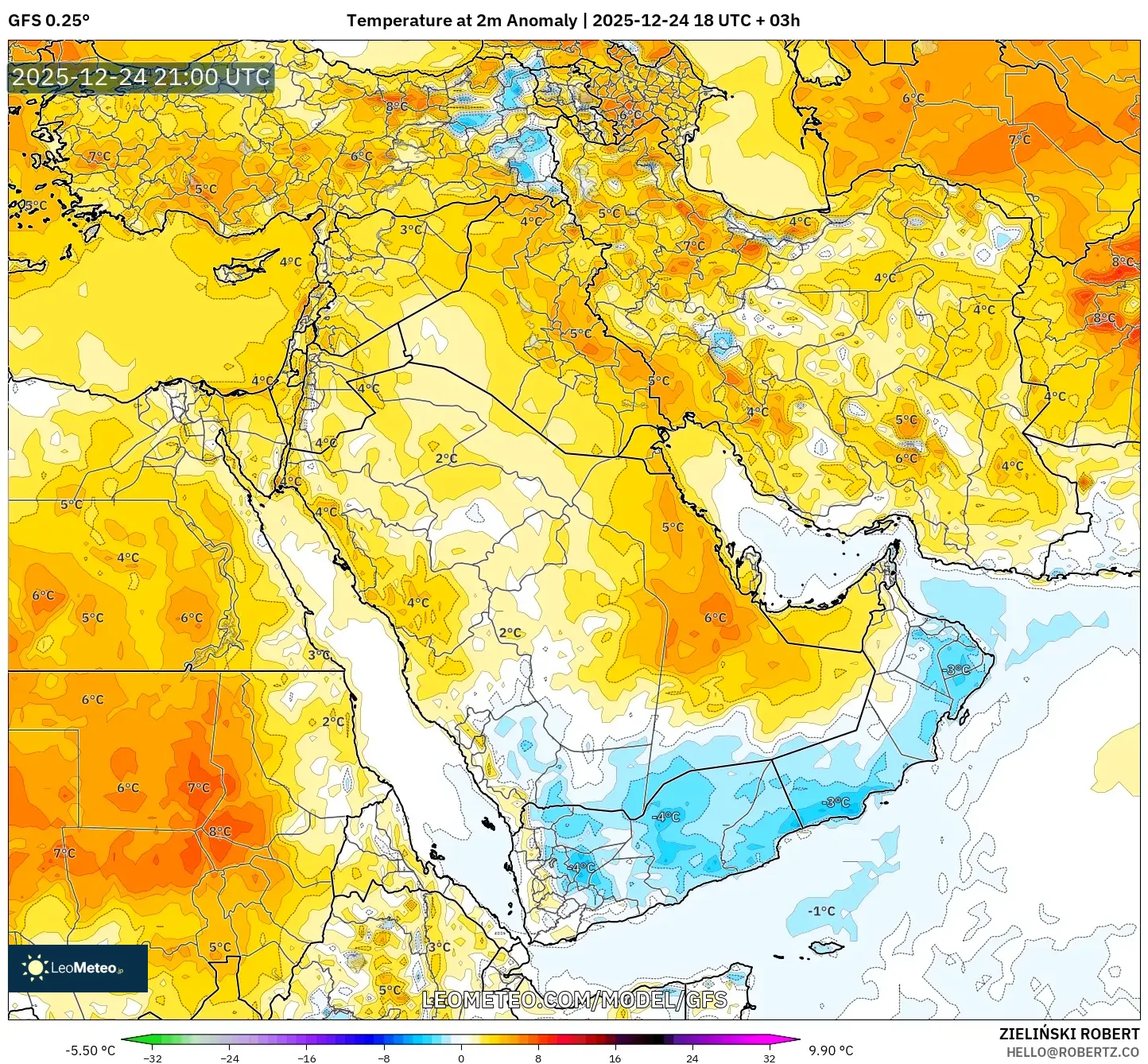 GFS model - Middle East, Temperature at 2m Anomaly