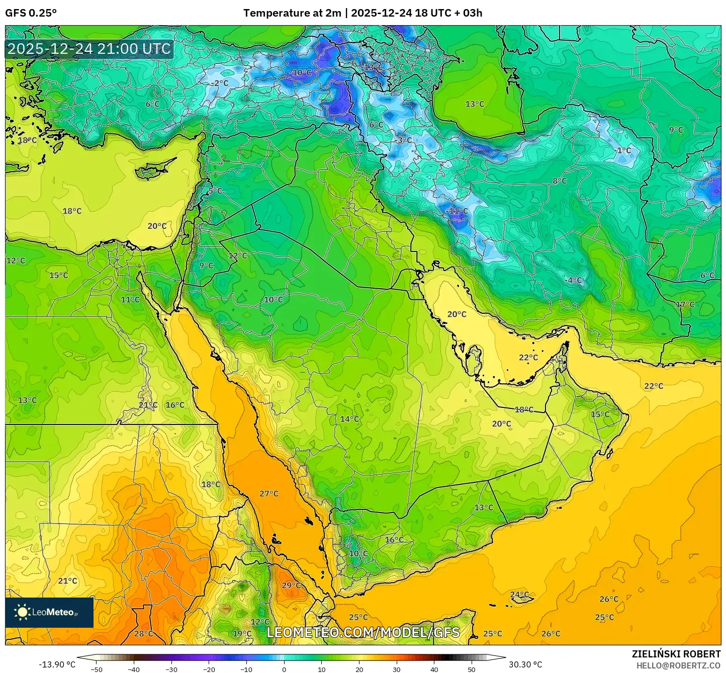GFS model - Middle East, Temperature at 2m