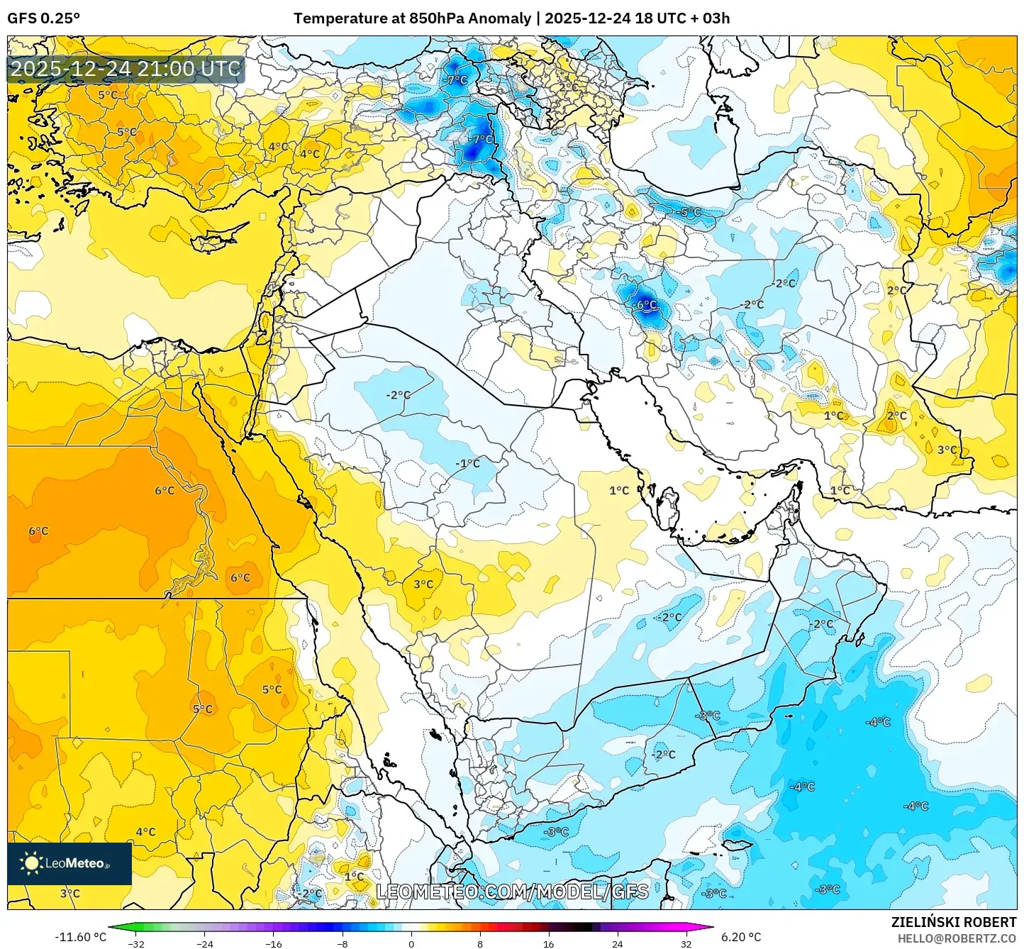 GFS model - Middle East, Temperature at 850hPa Anomaly