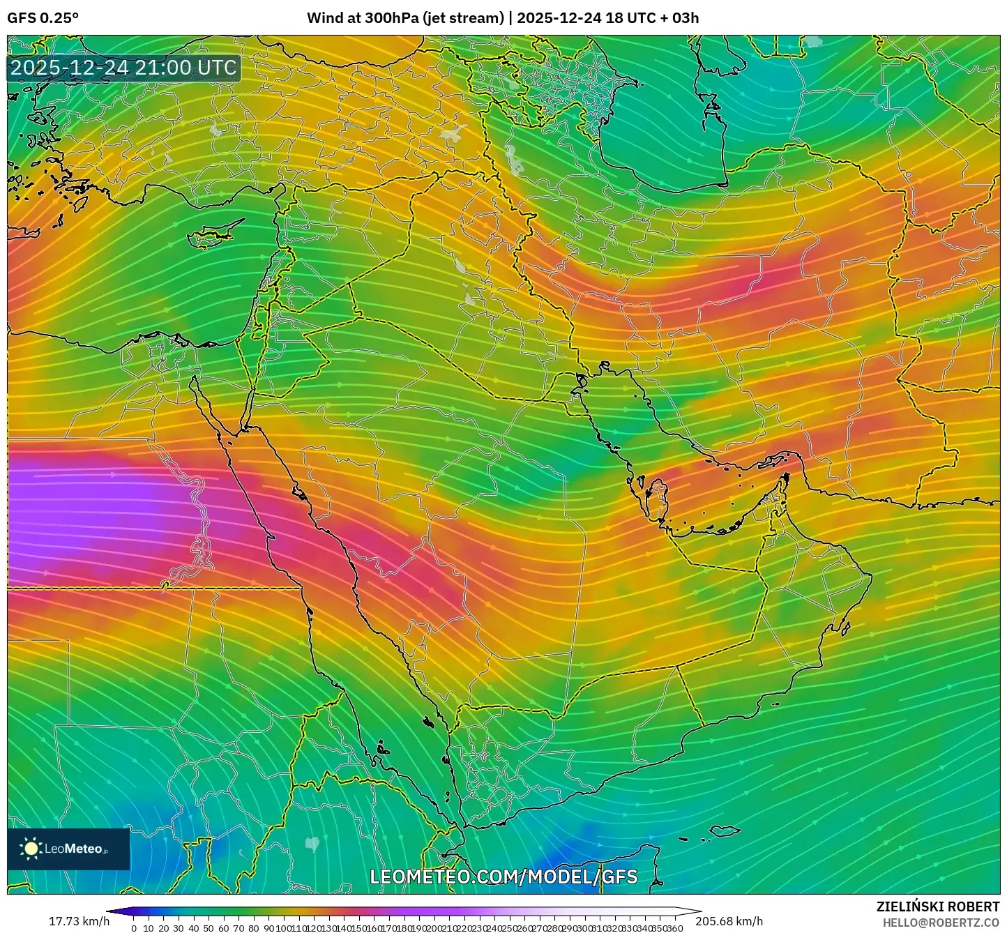 GFS model - Middle East, Wind at 300hPa (jet stream)