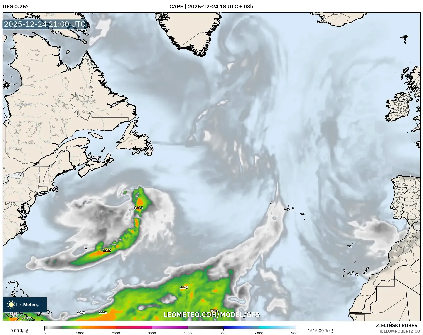 GFS model - North Atlantic, CAPE