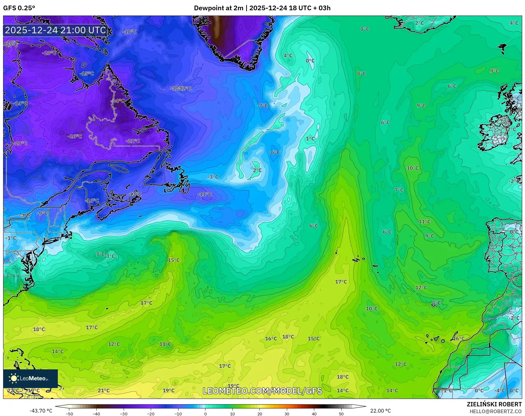 GFS model - North Atlantic, Dewpoint at 2m