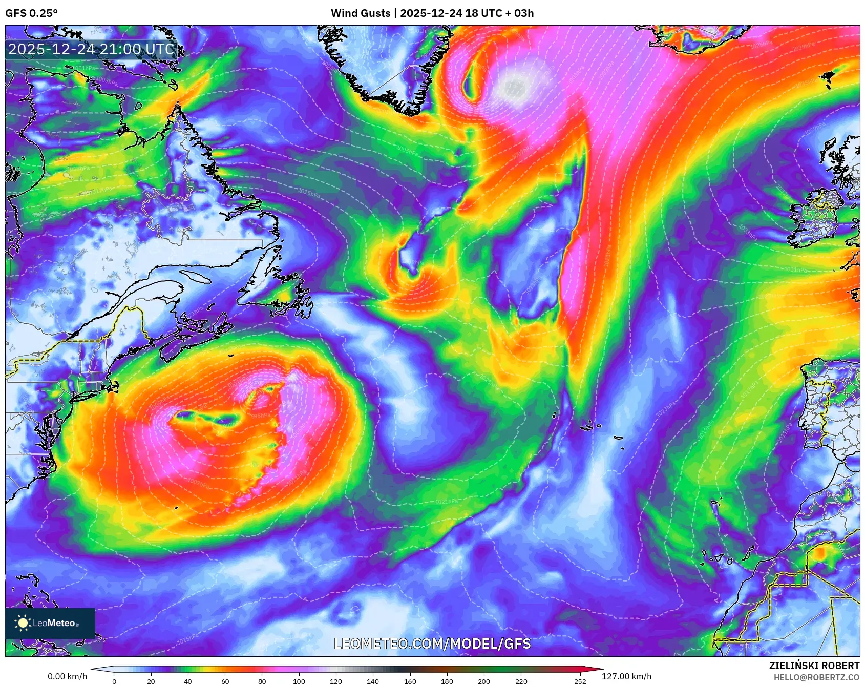 GFS model - North Atlantic, Wind Gusts