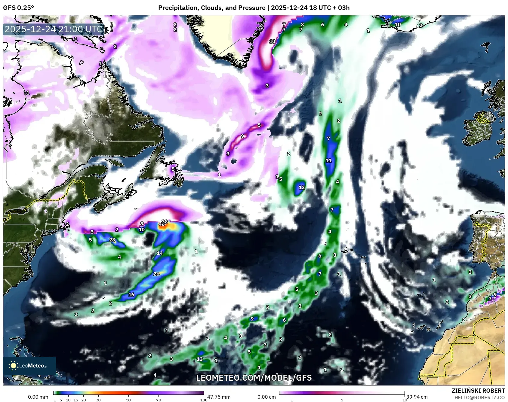 GFS model - North Atlantic, Precipitation, Clouds, and Pressure