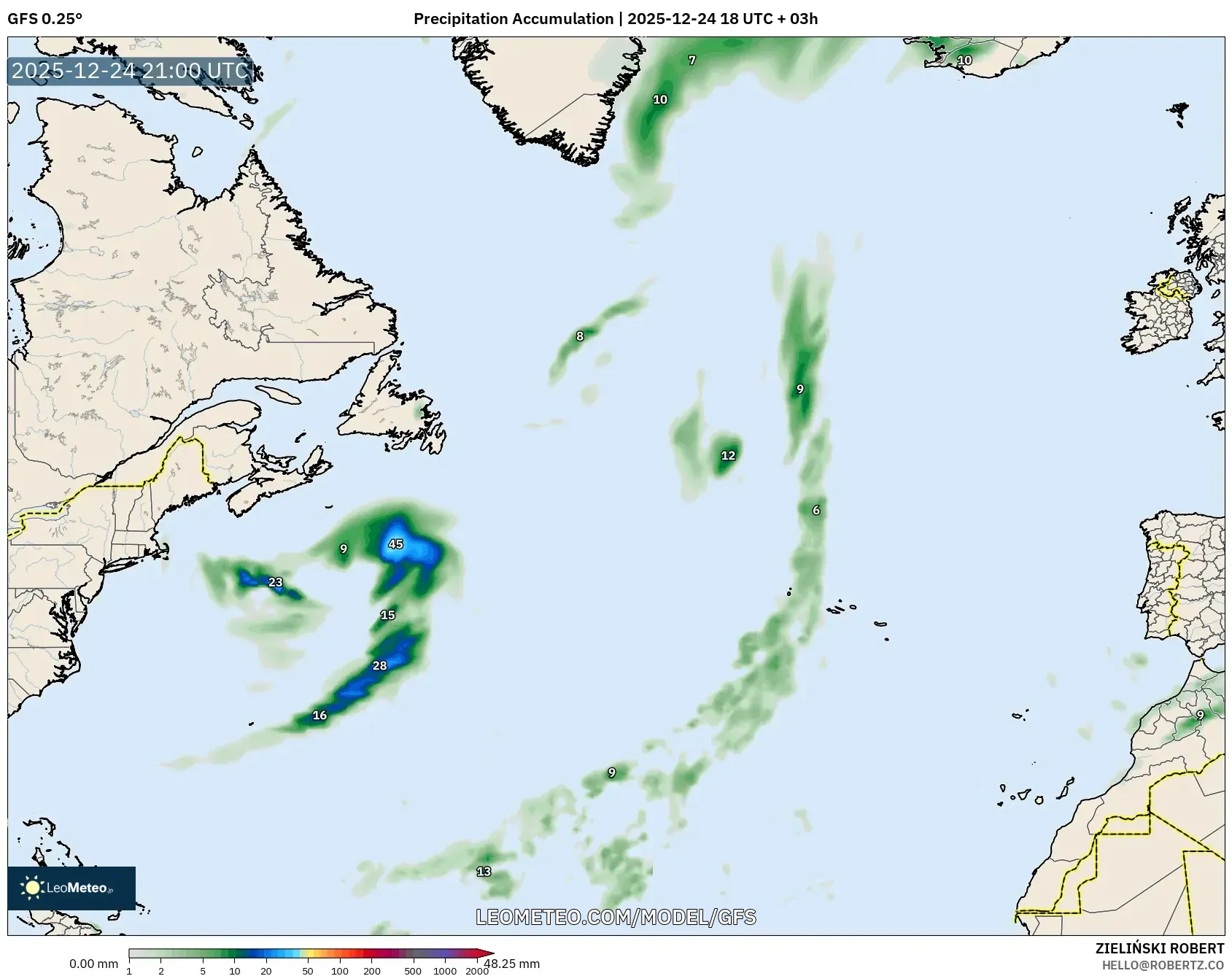 GFS model - North Atlantic, Precipitation Accumulation
