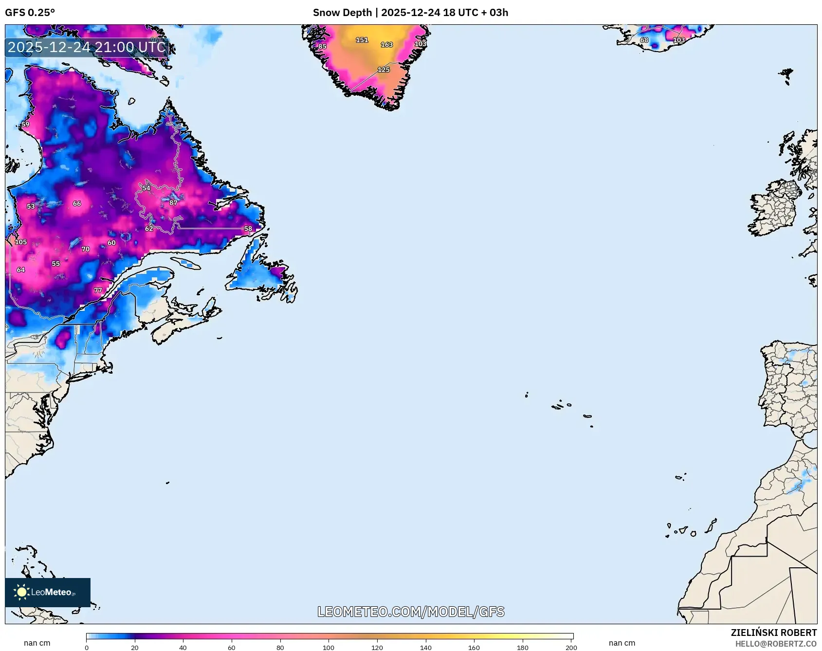 GFS model - North Atlantic, Snow Depth