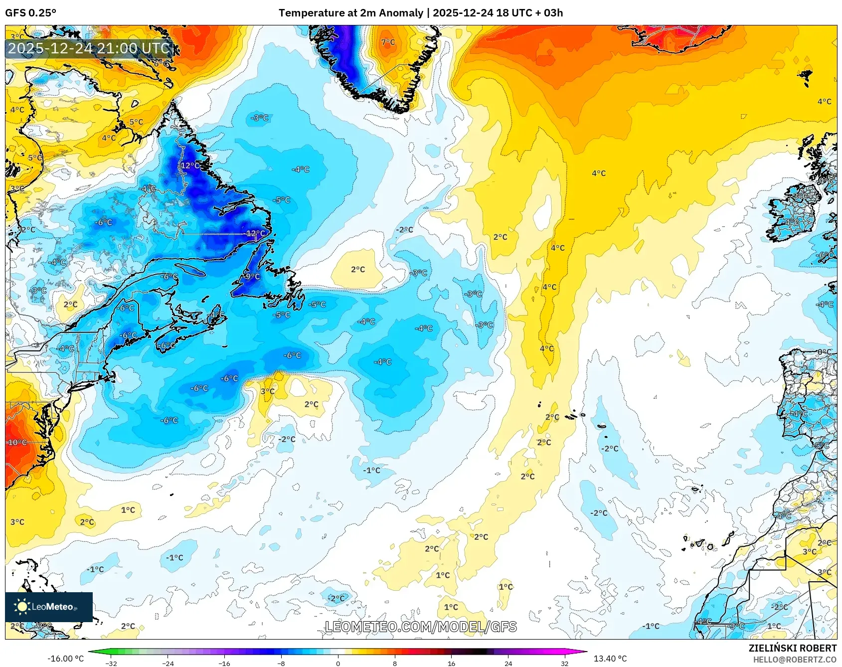 GFS model - North Atlantic, Temperature at 2m Anomaly