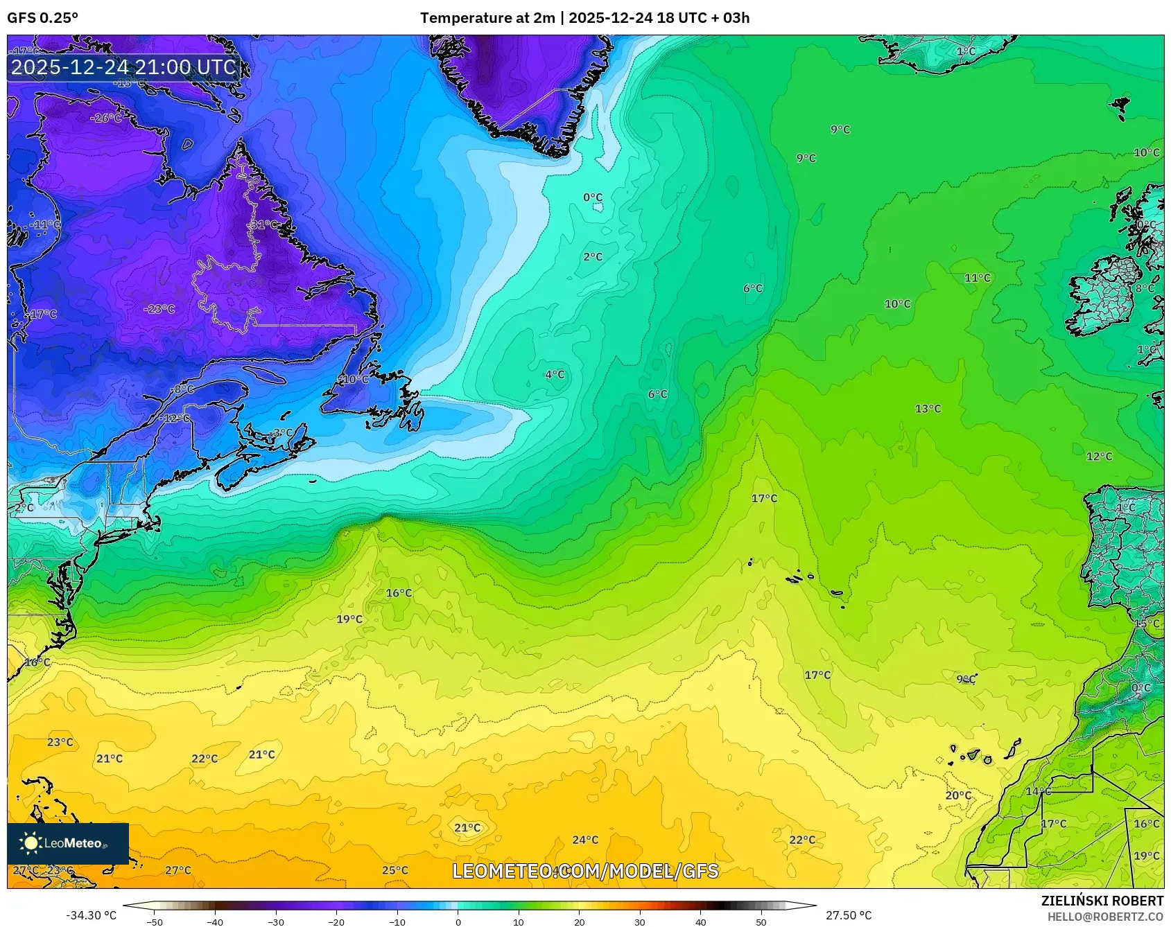 GFS model - North Atlantic, Temperature at 2m