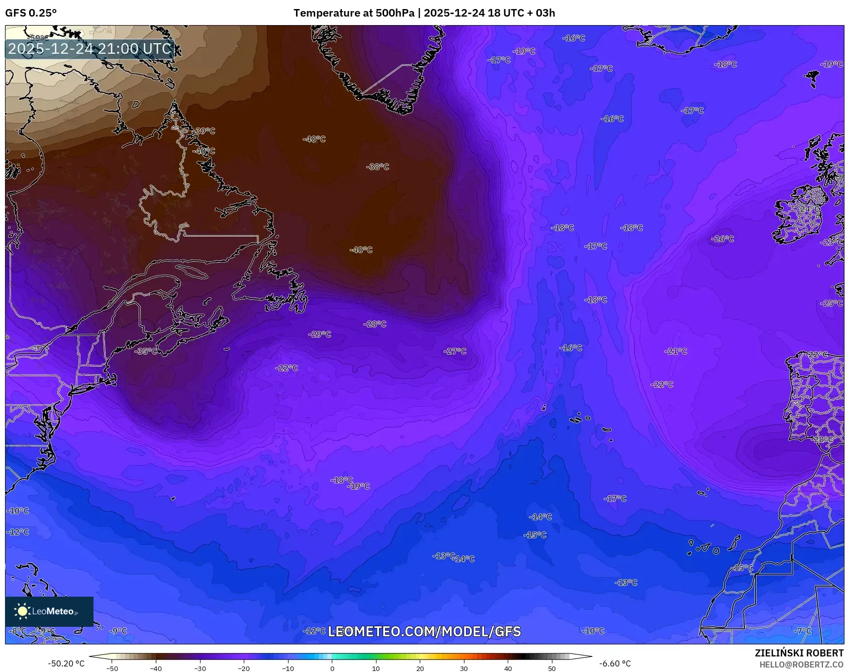 GFS model - North Atlantic, Temperature at 500hPa
