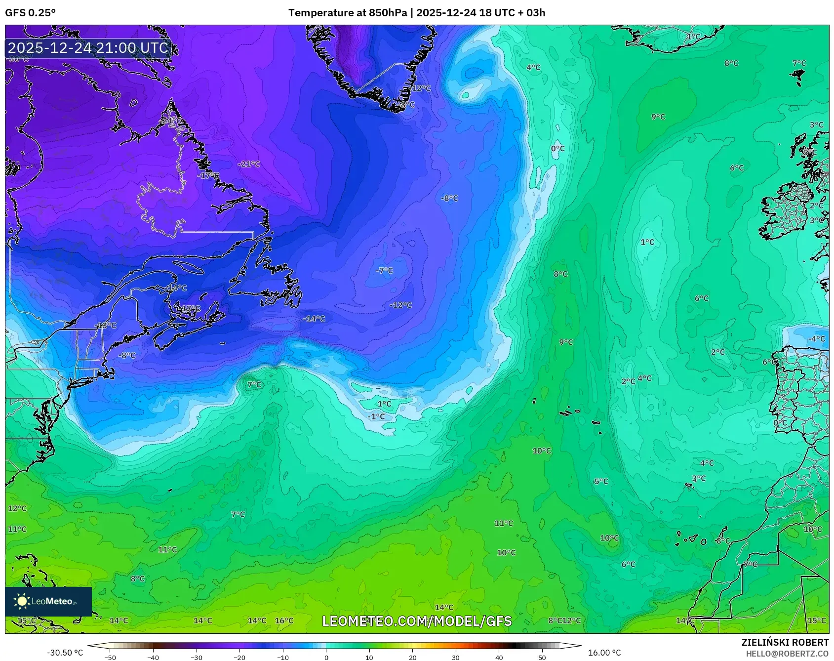 GFS model - North Atlantic, Temperature at 850hPa