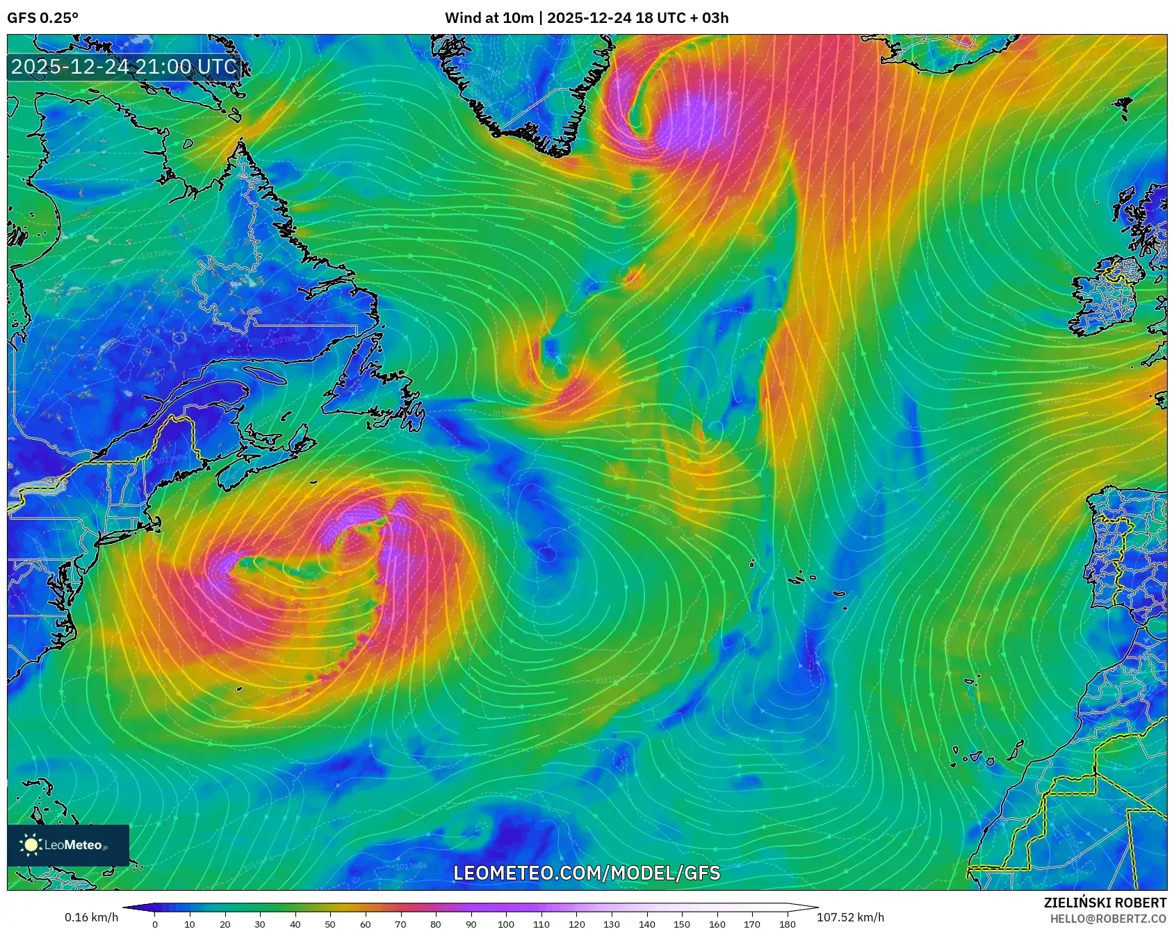 GFS model - North Atlantic, Wind at 10m