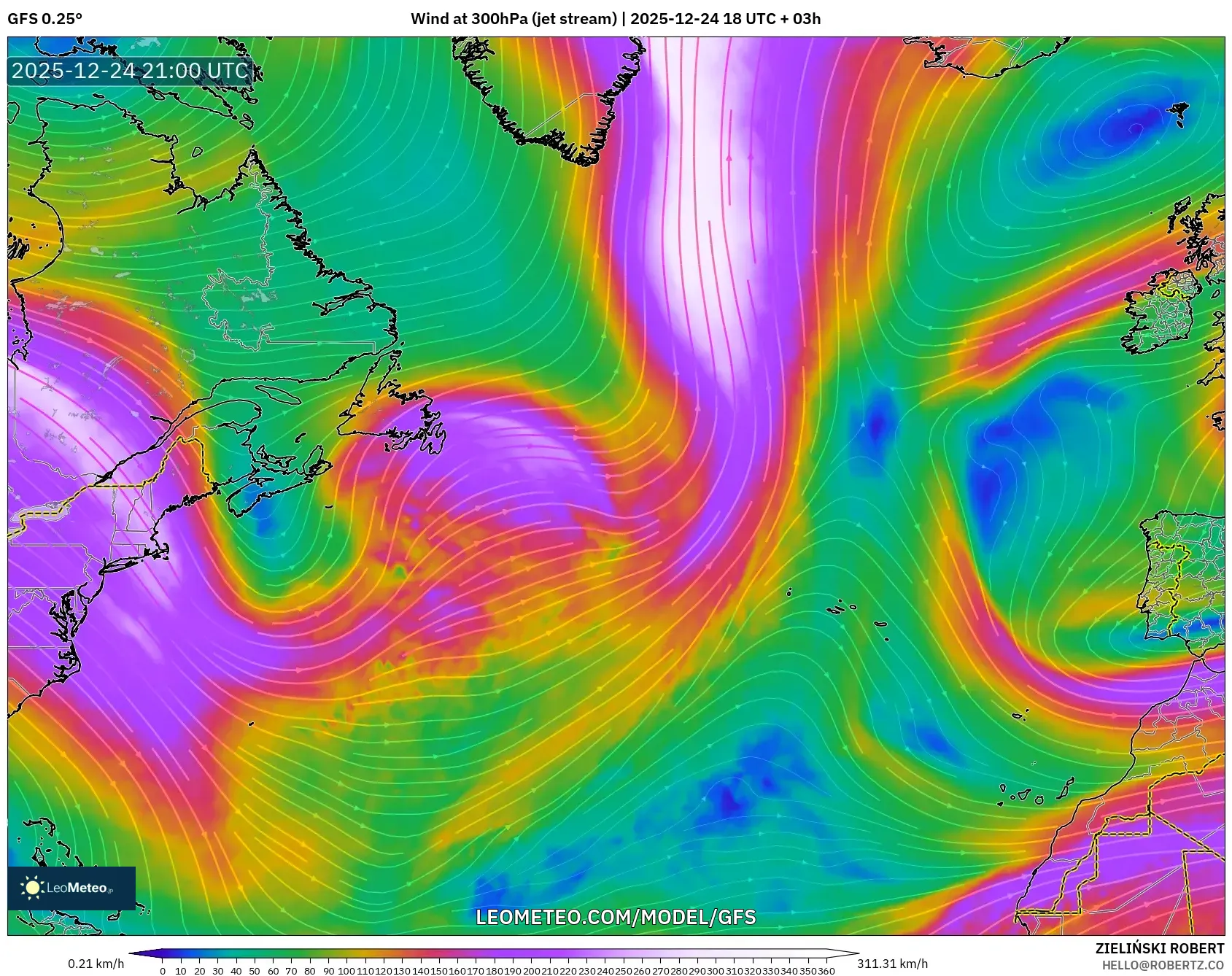 GFS model - North Atlantic, Wind at 300hPa (jet stream)