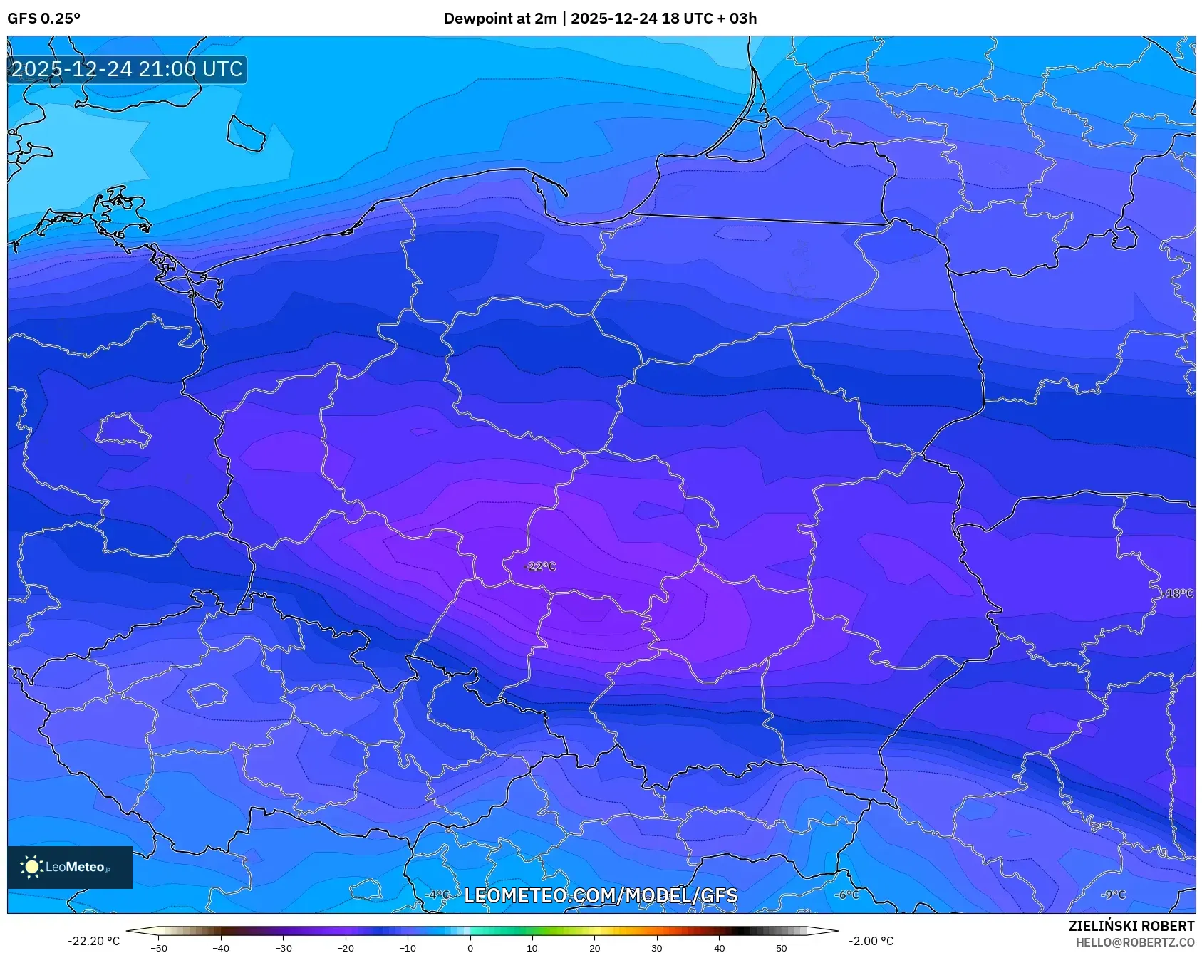 GFS model - Poland, Dewpoint at 2m