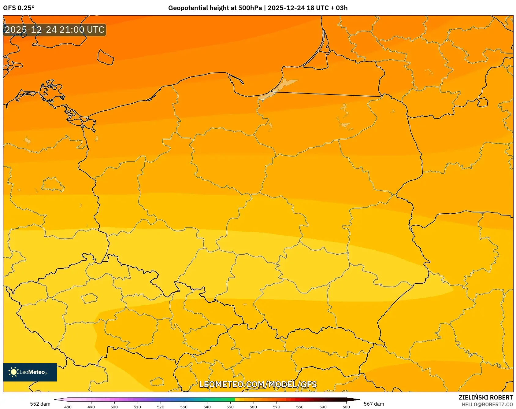 GFS model - Poland, Geopotential height at 500hPa