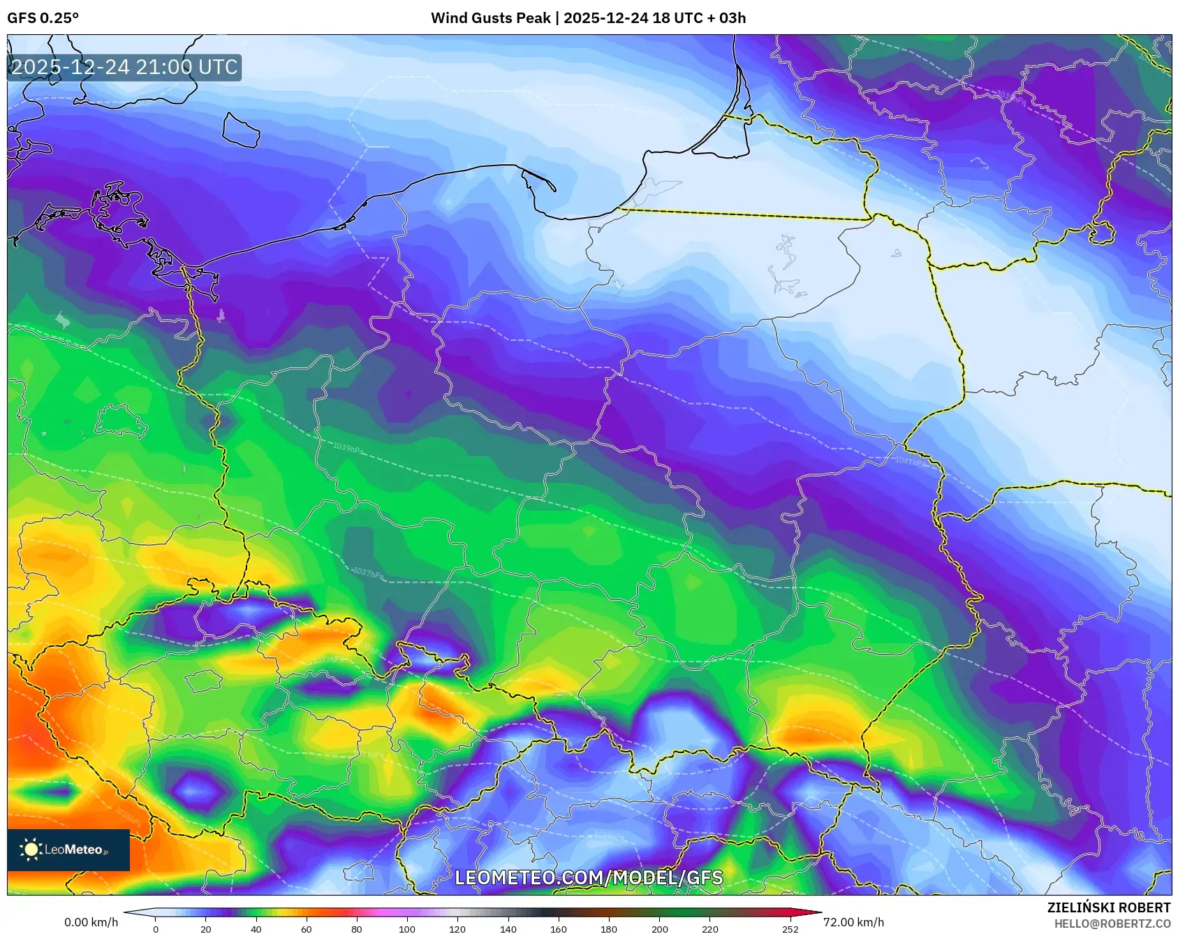 GFS model - Poland, Wind Gusts Peak