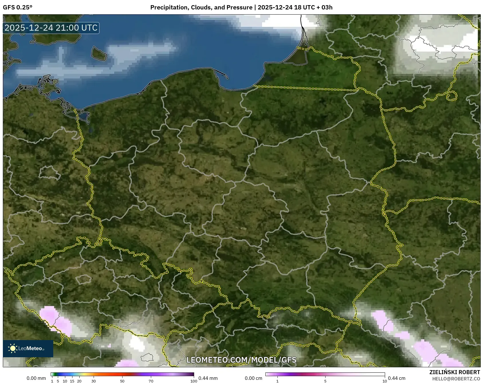 GFS model - Poland, Precipitation, Clouds, and Pressure