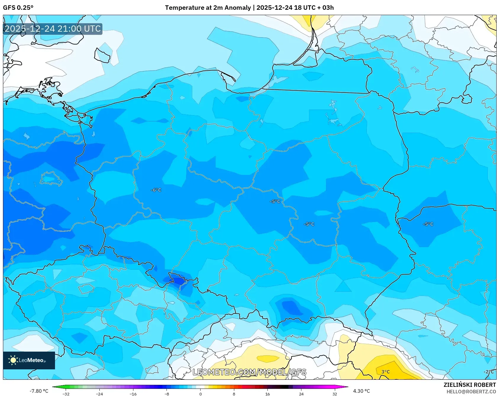 GFS model - Poland, Temperature at 2m Anomaly