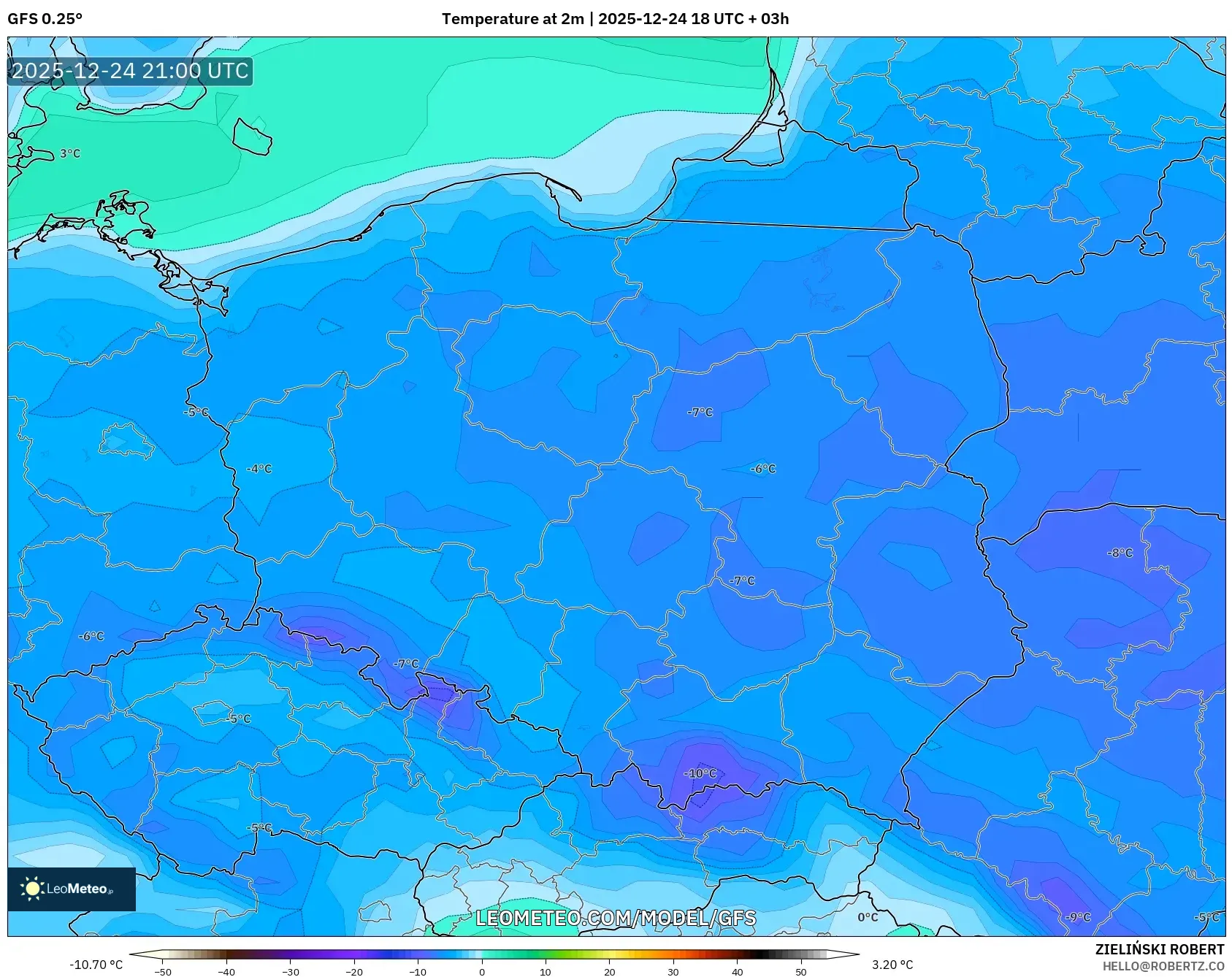 GFS model - Poland, Temperature at 2m