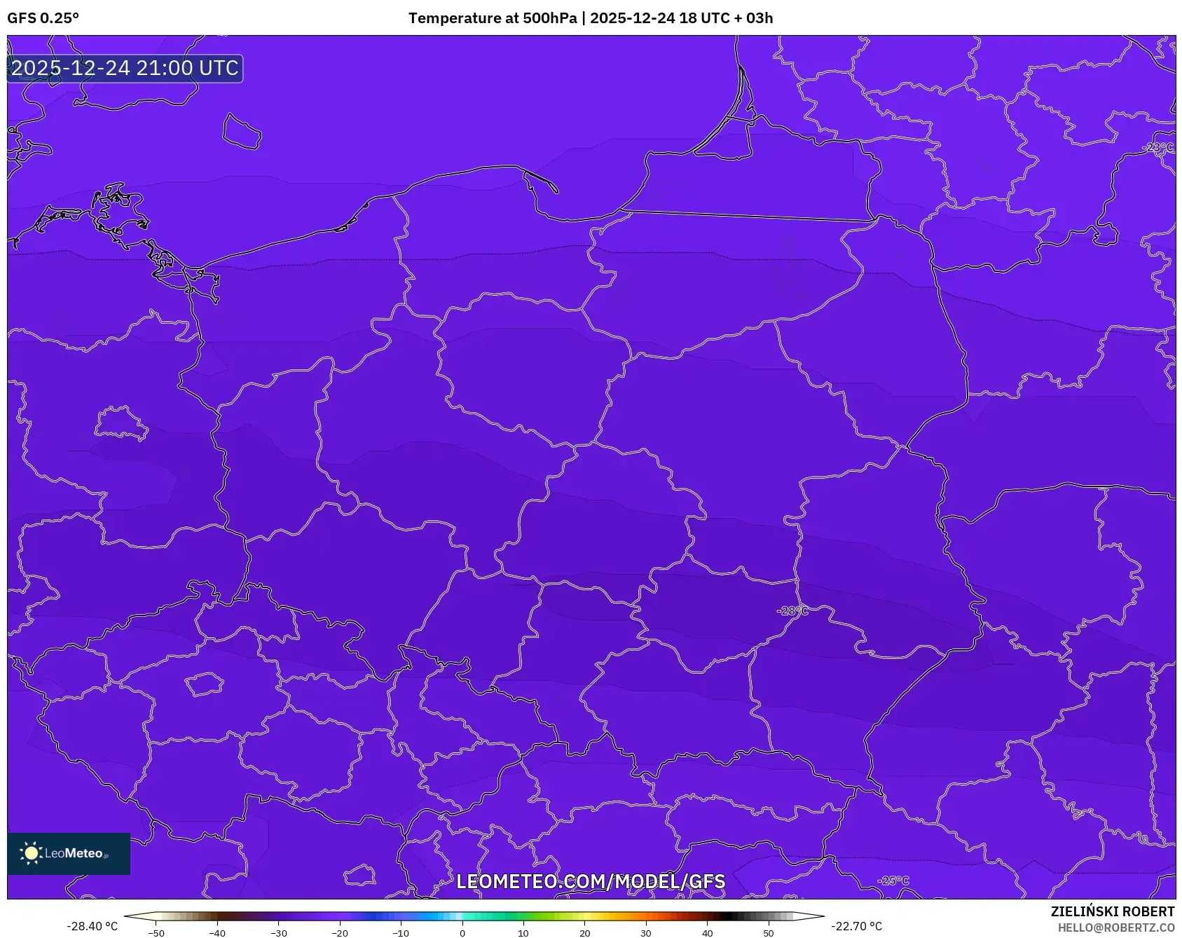GFS model - Poland, Temperature at 500hPa