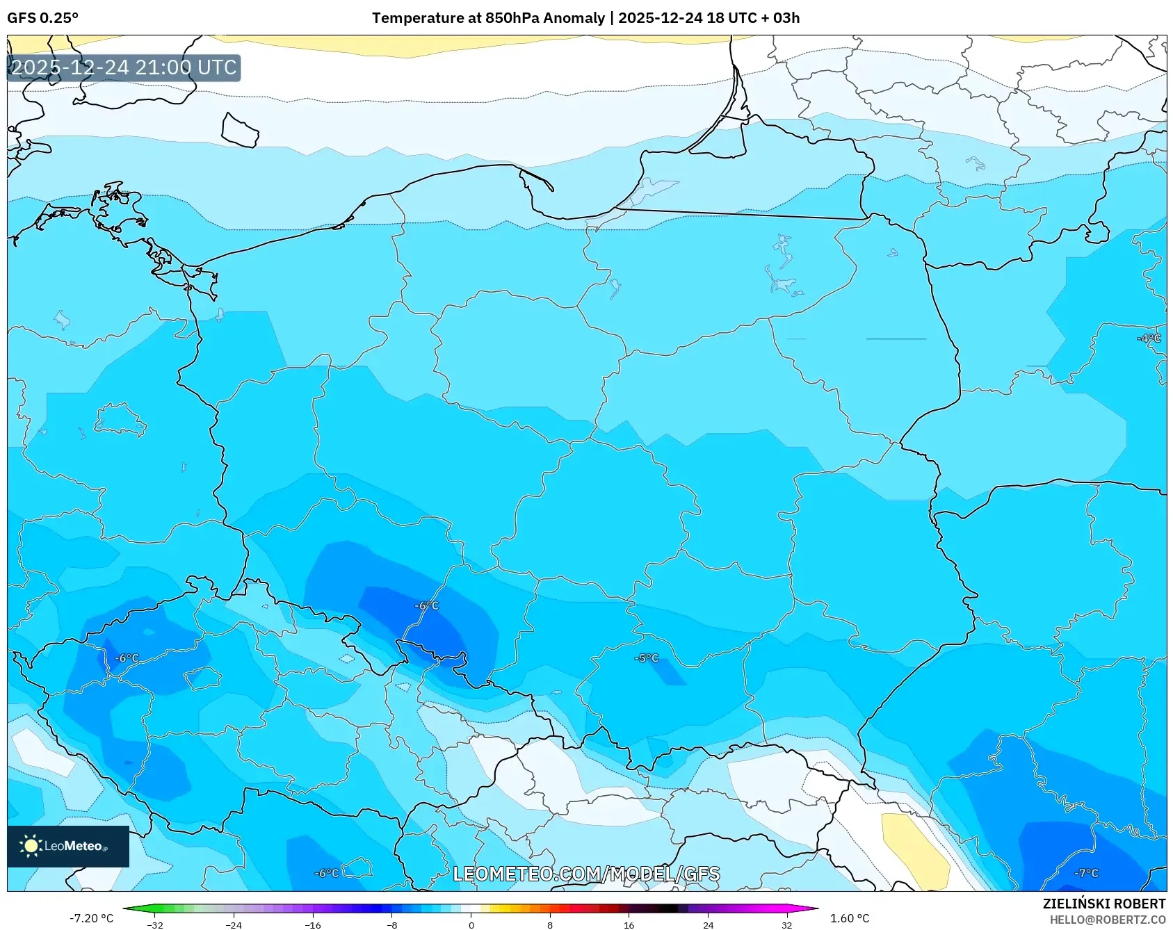 GFS model - Poland, Temperature at 850hPa Anomaly