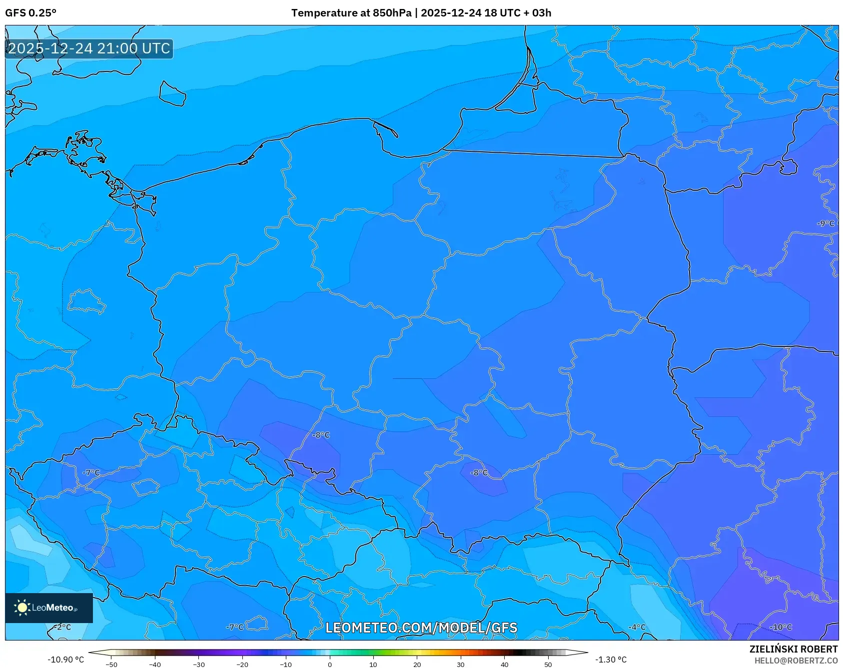 GFS model - Poland, Temperature at 850hPa